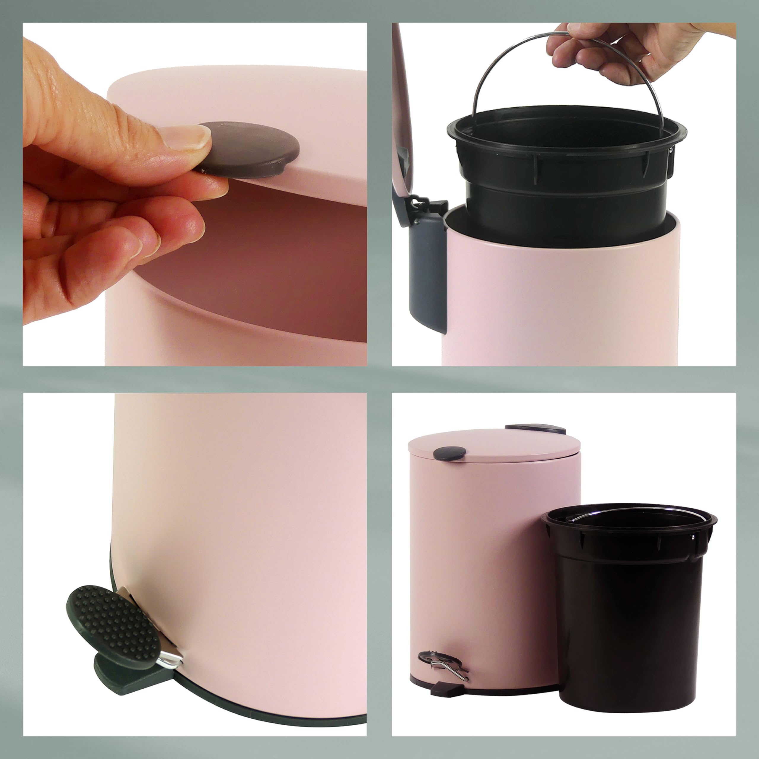 kela Secchio per cosmetici 3 l rosa opaco, coperchio Silent Close, pattumiera a pedale per bagno MATS, pattumiera da bagno con secchio interno e manico per il trasporto