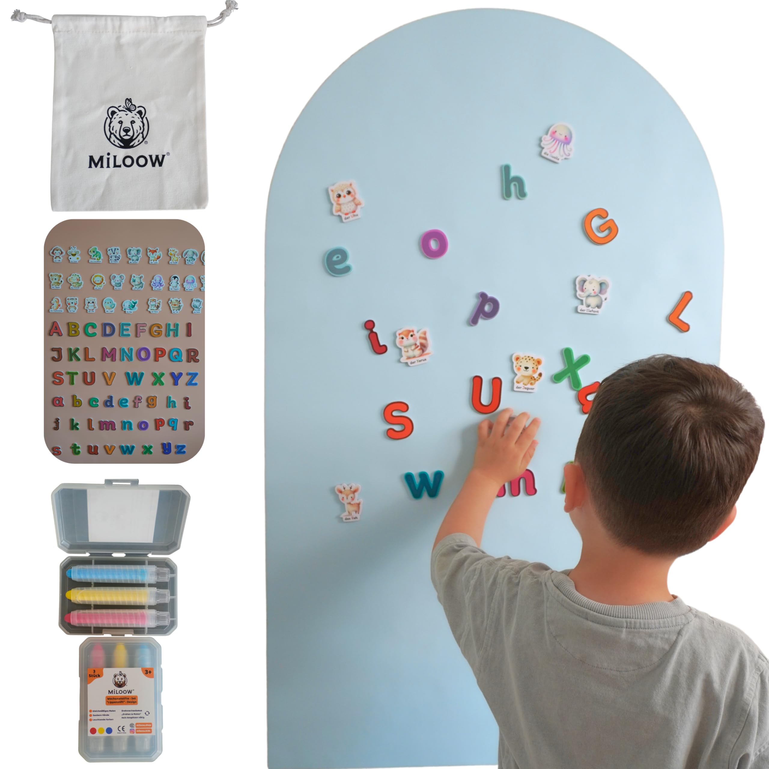 Magnettafel Kinder 100x60 – Deutsch beschriftete Tiermagnete, selbstklebende Magnetwand Kinder & Magnetfolie mit Buchstabenmagneten, Montessori Lernspielzeug für Kinderzimmer mit Stiften