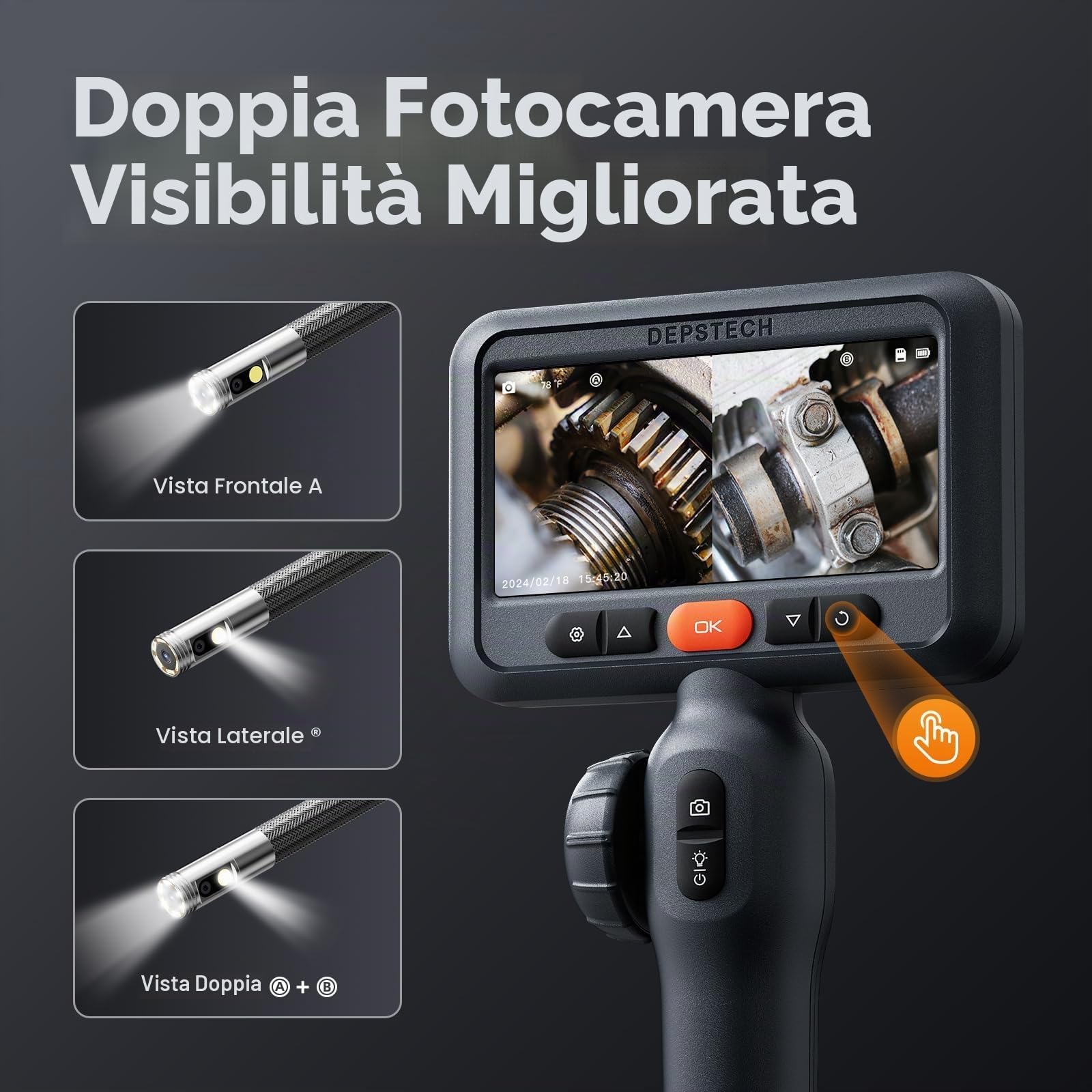 DEPSTECH Endoscopio Doppia flessione 210° con due lenti, Telecamera Endoscopica HD 1080P con luce LED, display IPS da 4,5", sonda telecamera impermeabile flessibile da 8 mm per ispezioni auto (1,5 m)