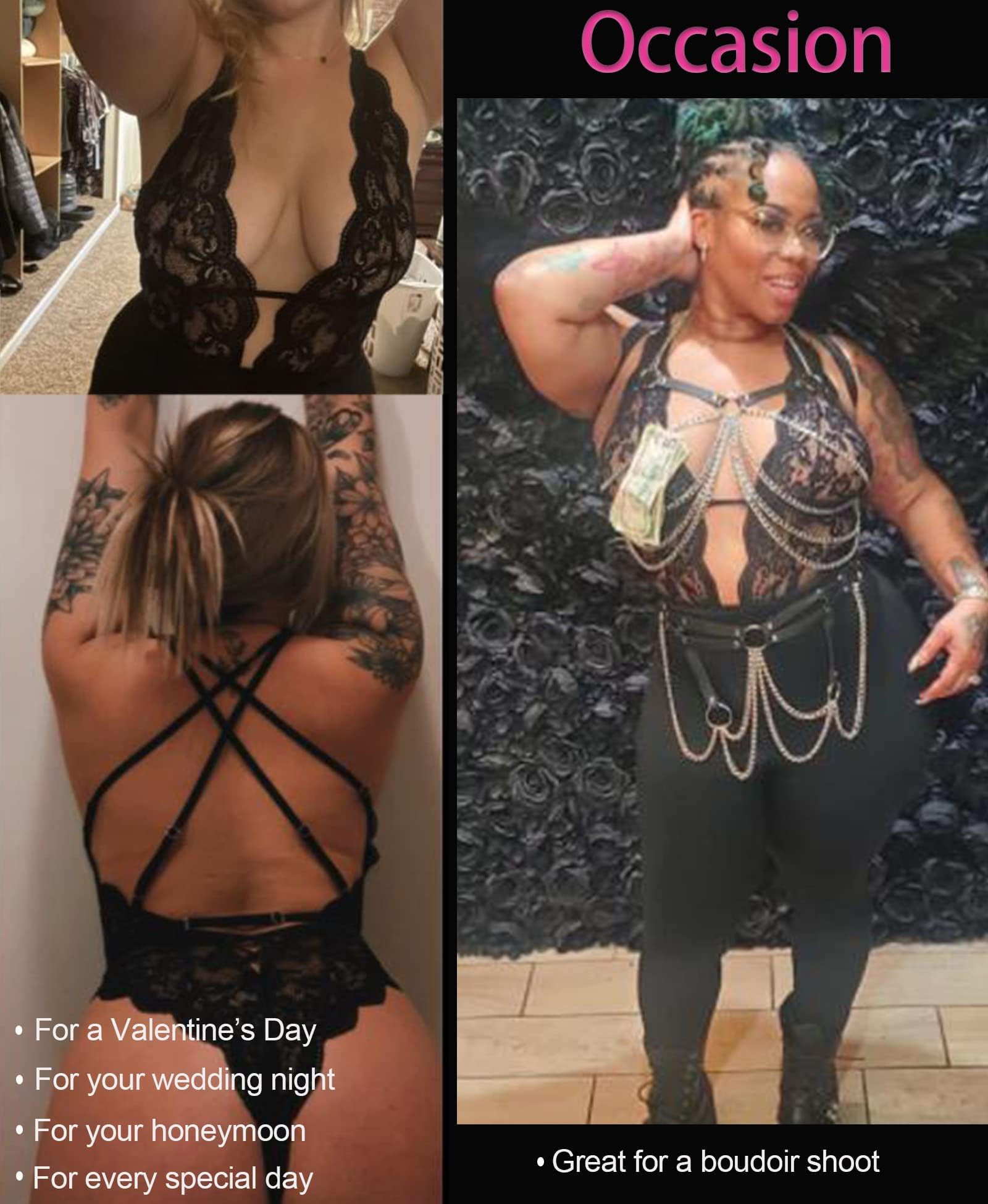 Aranmei Sexy Lingerie for Women Hollow Out Floral Lace Bodysuit One Piece Lingerie Deep V Teddy Babydoll Underwear: Black Large