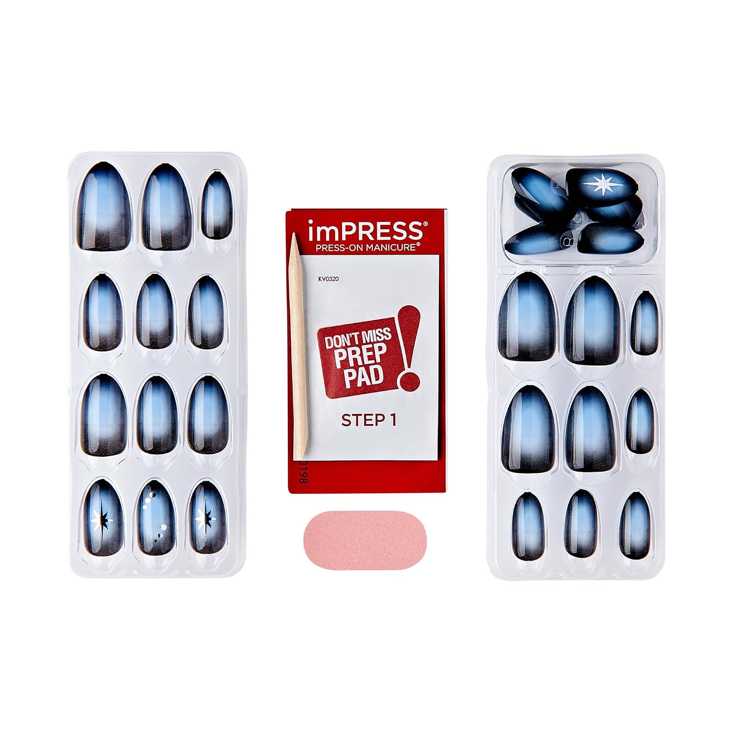 Kiss Impress No Glue Mani Press On Nails, Design, 'Lovesome', Blue, Medium Size, Almond Shape, Includes 30 Nails, Prep Pad, Instructions Sheet, 1 Manicure Stick, 1 Mini File