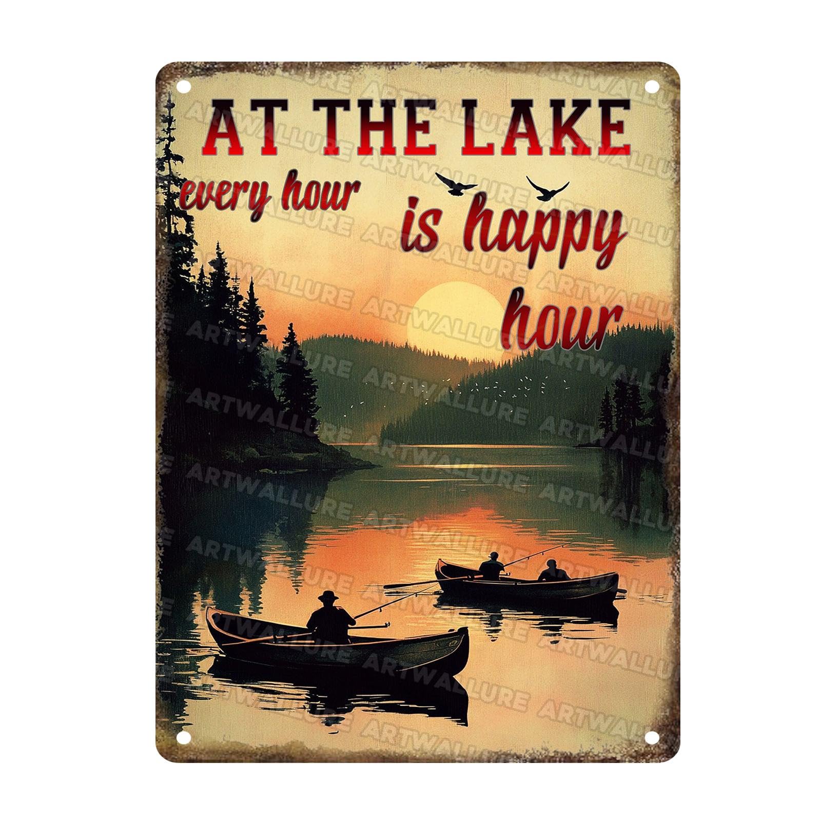 Vintange Metal Sign At The Lake Every Hour Is Happy Hour Novelty Tin Poster Home Kitchen Bathroom Bar Pub Man Cave Aluminium Sign Art Wall Decor 12x16Inch