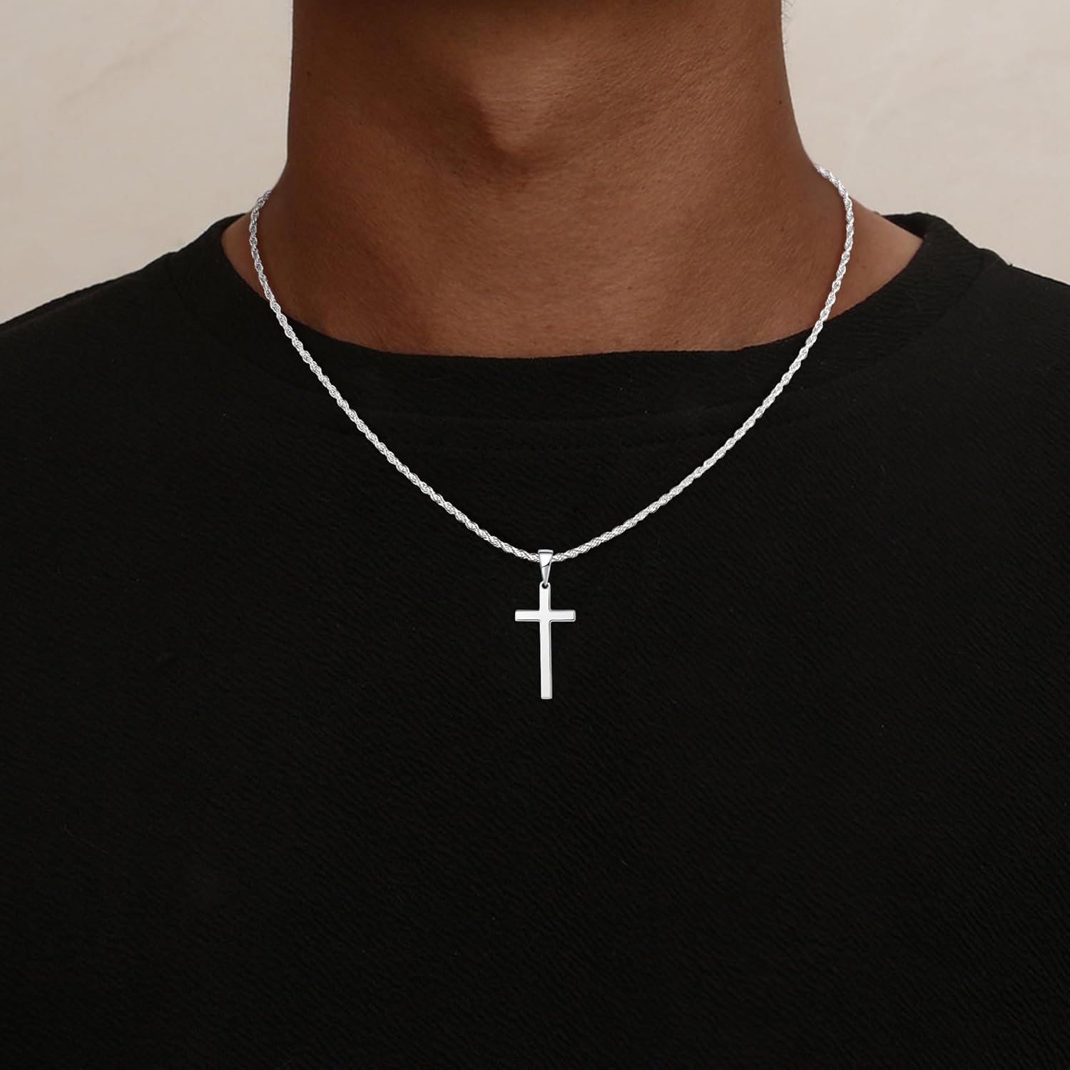 925 Sterling Silver Cross Necklace for Men, 2.5mm Rope Chain Cross Pendant Necklace for Women, Mens Silver Necklace 16 18 20 22 24 Inches, Christian Gifts for Him Father Hunband