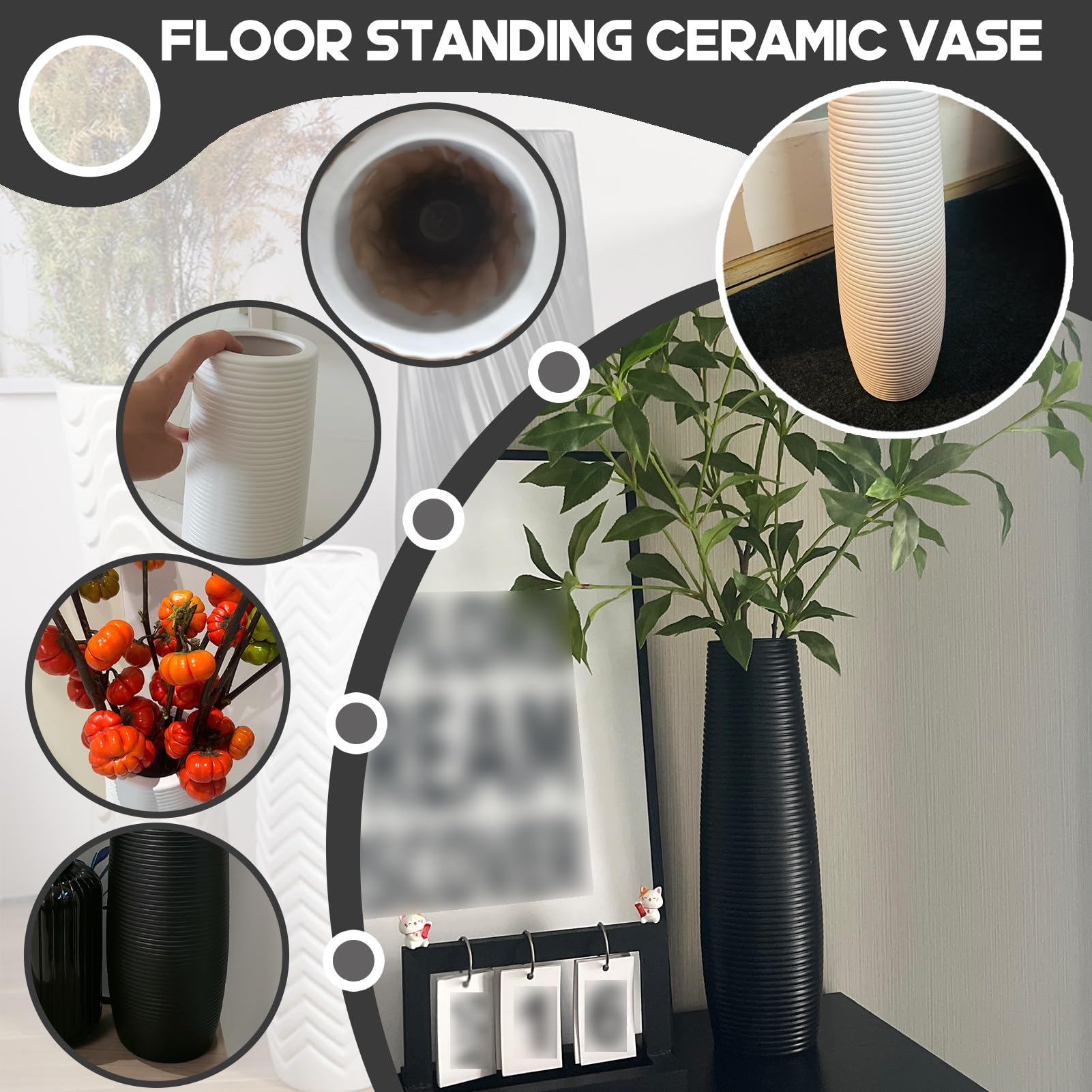 Jarrón nórdico de cerámica de pie de 76 cm, decoración moderna en blanco y negro para sala de estar para flores secas, adornos elegantes, accesorios elegantes para el hogar