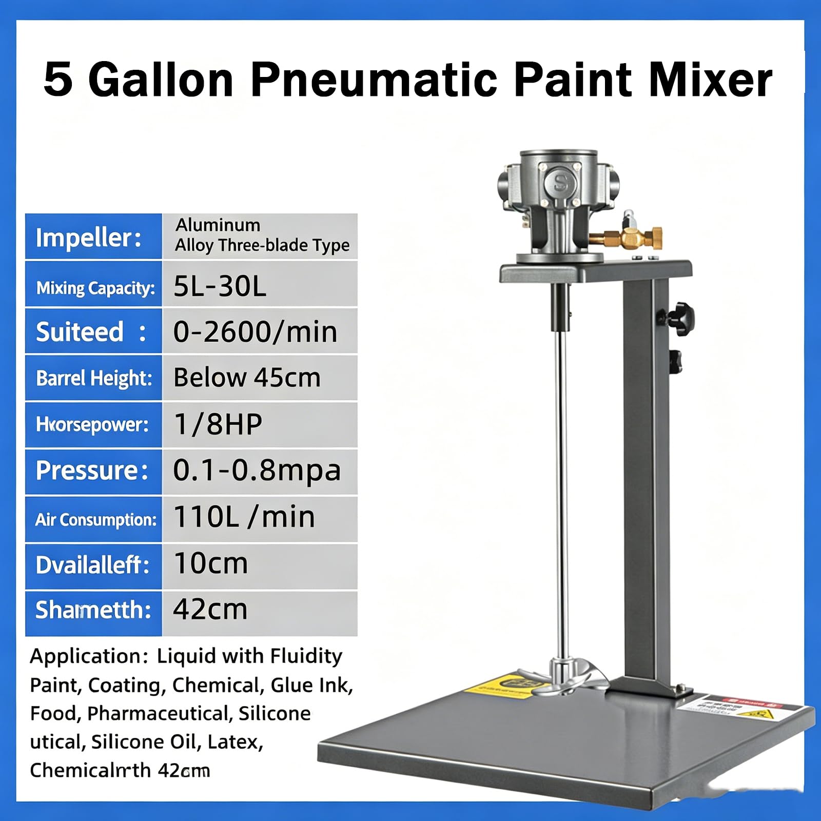 Agitatore pneumatico per miscelatore di vernice, 5 galloni con supporto di sollevamento manuale, 1/8 di potenza, velocità 2600 giri/min per rivestimenti, liquidi alimentari e chimici
