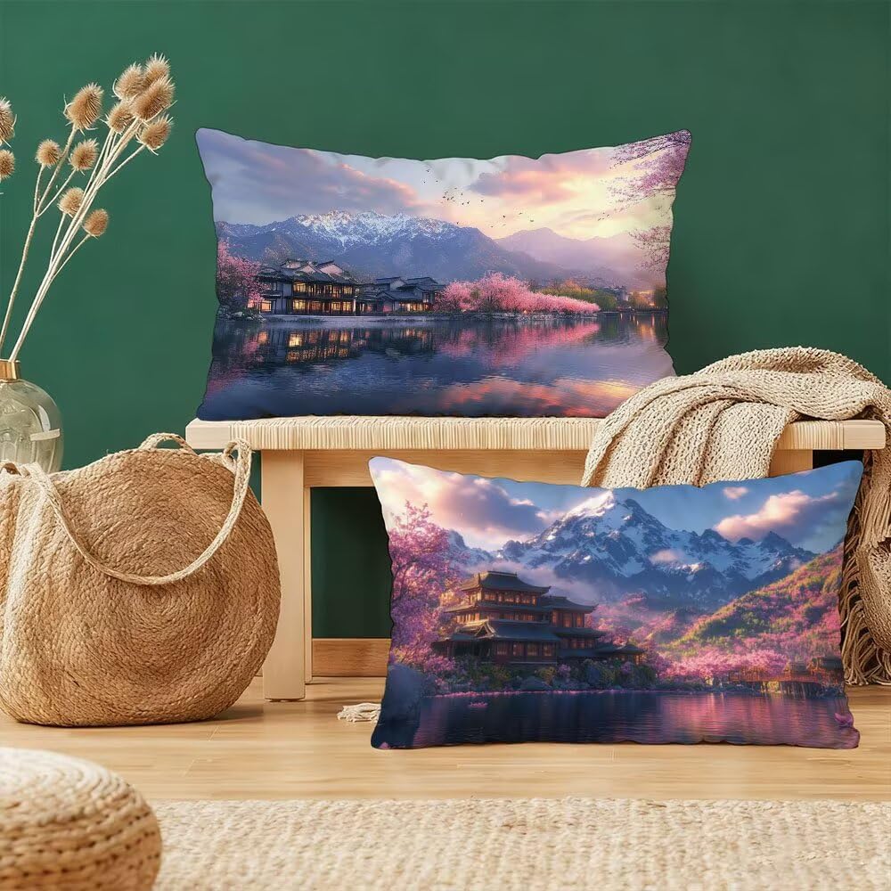 Taie d'oreiller 40x80cm paysage rose déco canapé et salon