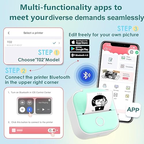 Miniatura 2 de T02 Mini impresora adhesiva para impresora, mini impresora pequeña portátil con 3 rollos de papel, máquina de impresora inalámbrica de mini