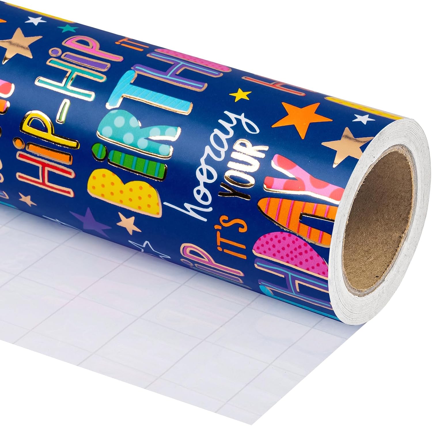WRAPAHOLIC Birthday Wrapping Paper Roll - Mini Roll - 17 Inch x 16.5 Feet - Gold Foil Colorful Hip-Hip Hooray Birthday on Blue Wrapping Paper for Kids Boys Girls, Baby Shower, Party image 2