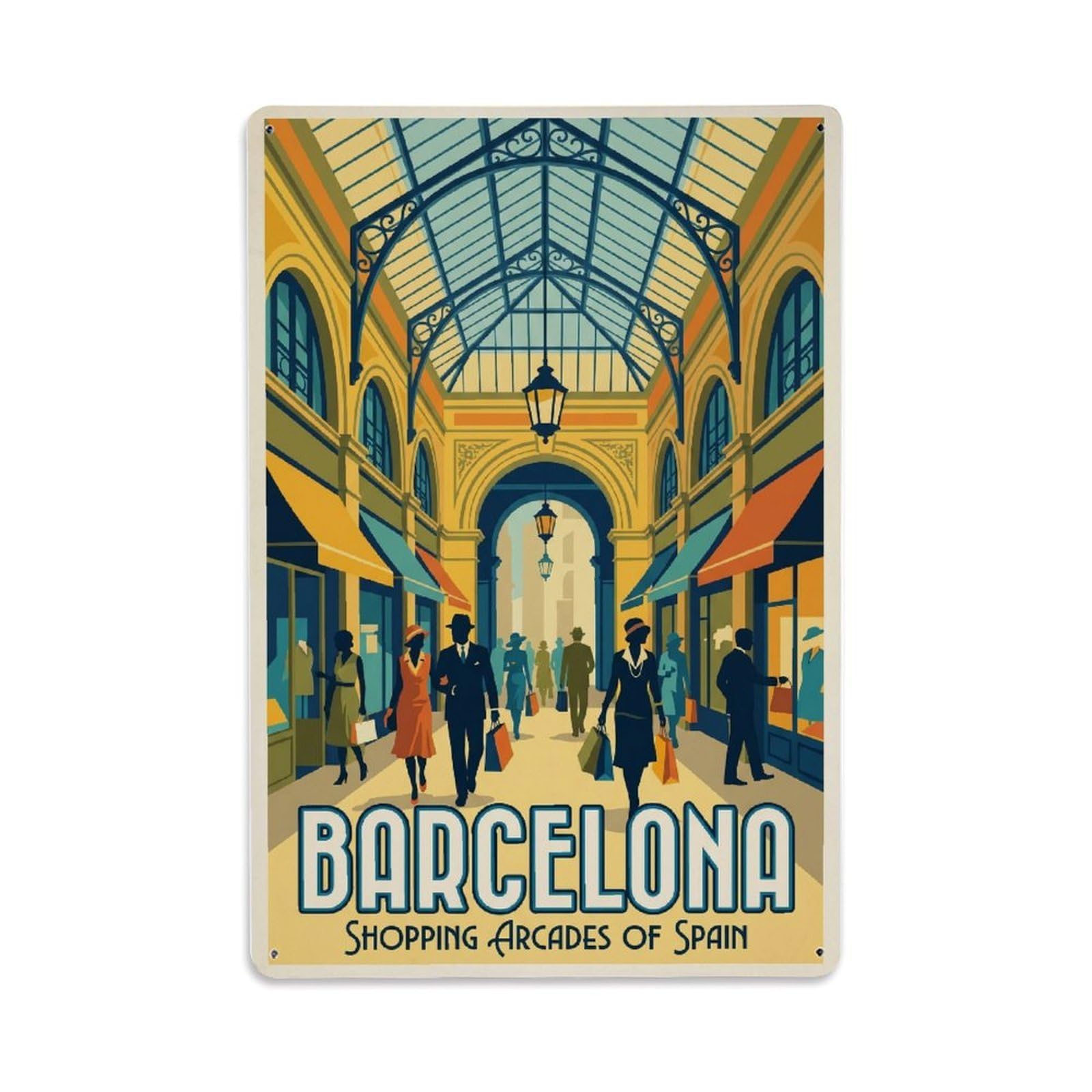Vintage Travel Arcade Spain Shopping Metal Tin Sign Plaque Wall Decor for Cafe, Club Bar, Office, Home Garden Metal Poster 8x12Inch