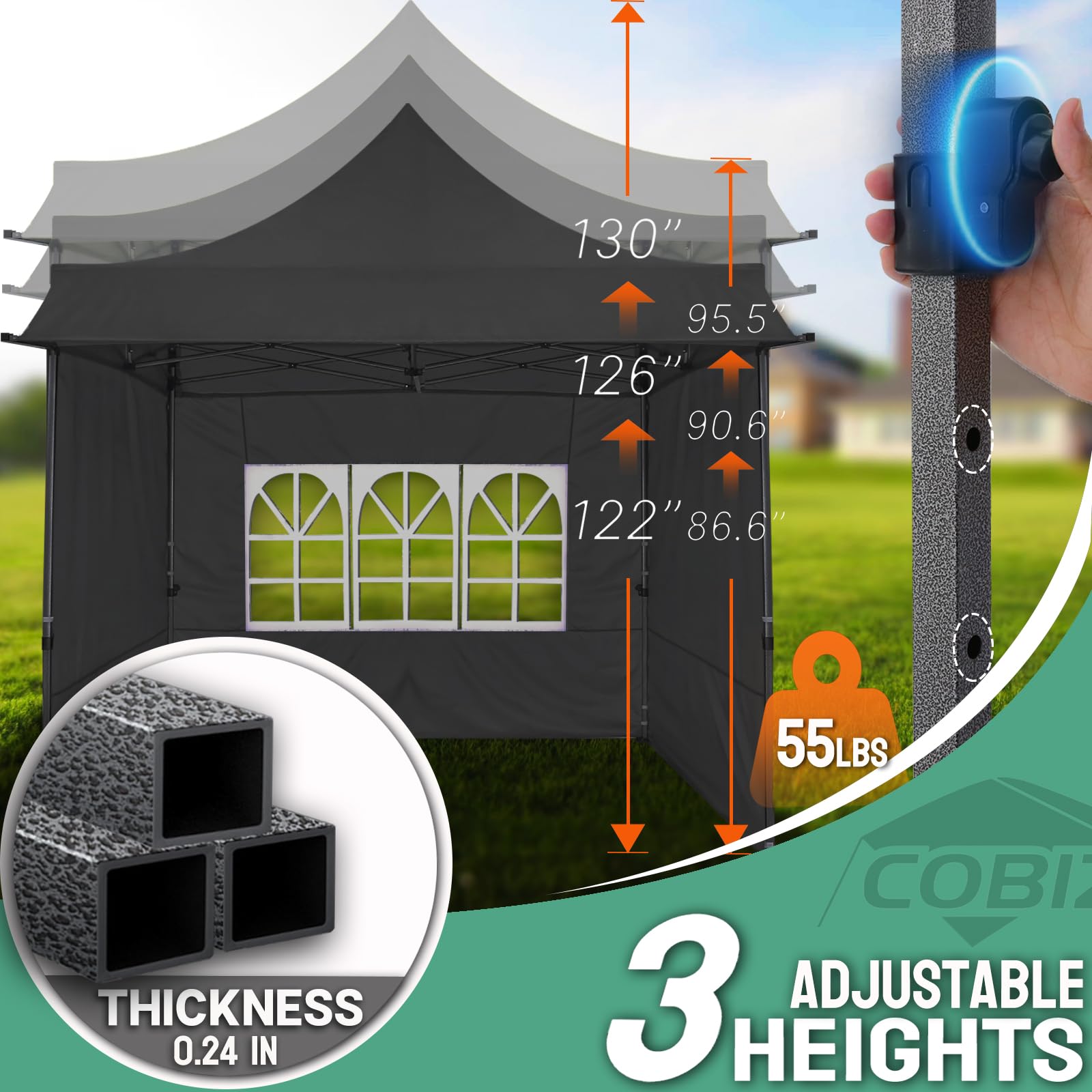 COBIZI 3x3m Tonnelle de Jardin Pliable, Tonnelle Pliable avec Auvent Extensible, Hauteur Réglable, Protection UV 50+, Convient pour Les Fêtes, L'extérieur, Le Commerce, Le Camping (Noir)