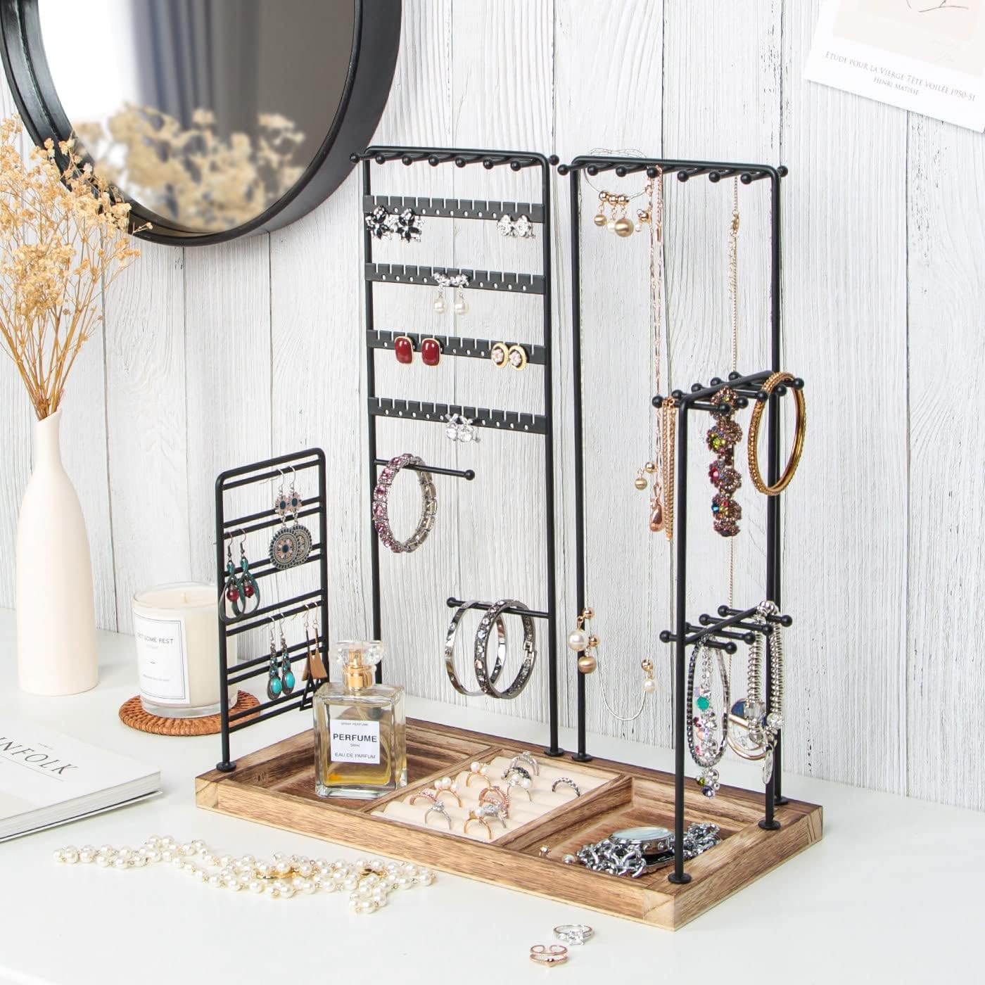J JACKCUBE DESIGN Jewelry Organizer Stand Tree, 4 Tier Metal Accessory Earring, Necklaces, Bracelets, Ear Stud Holder Tower Rack with Wooden Display Tray Base for Rings- MK915A