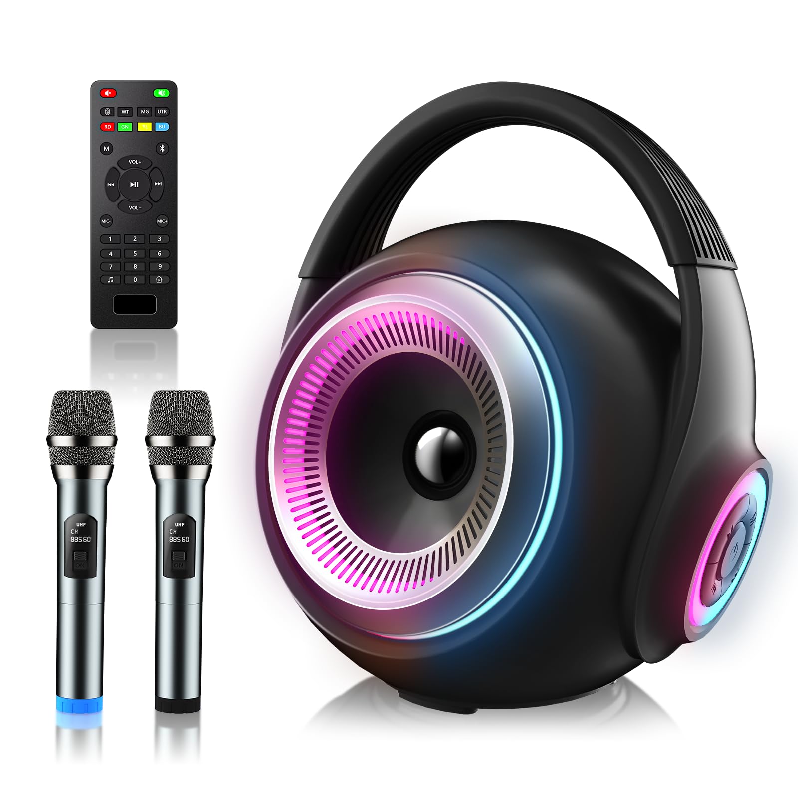 JINCOR Karaoke Machine with Two Wireless Microphones,7 Colorful 4 Modes LED light Portable Karaoke Speaker,8h playtime 10m connection,Support Bluetooth 5.0/AUX/TF/TWS,Remote Control for Outdoor/Party