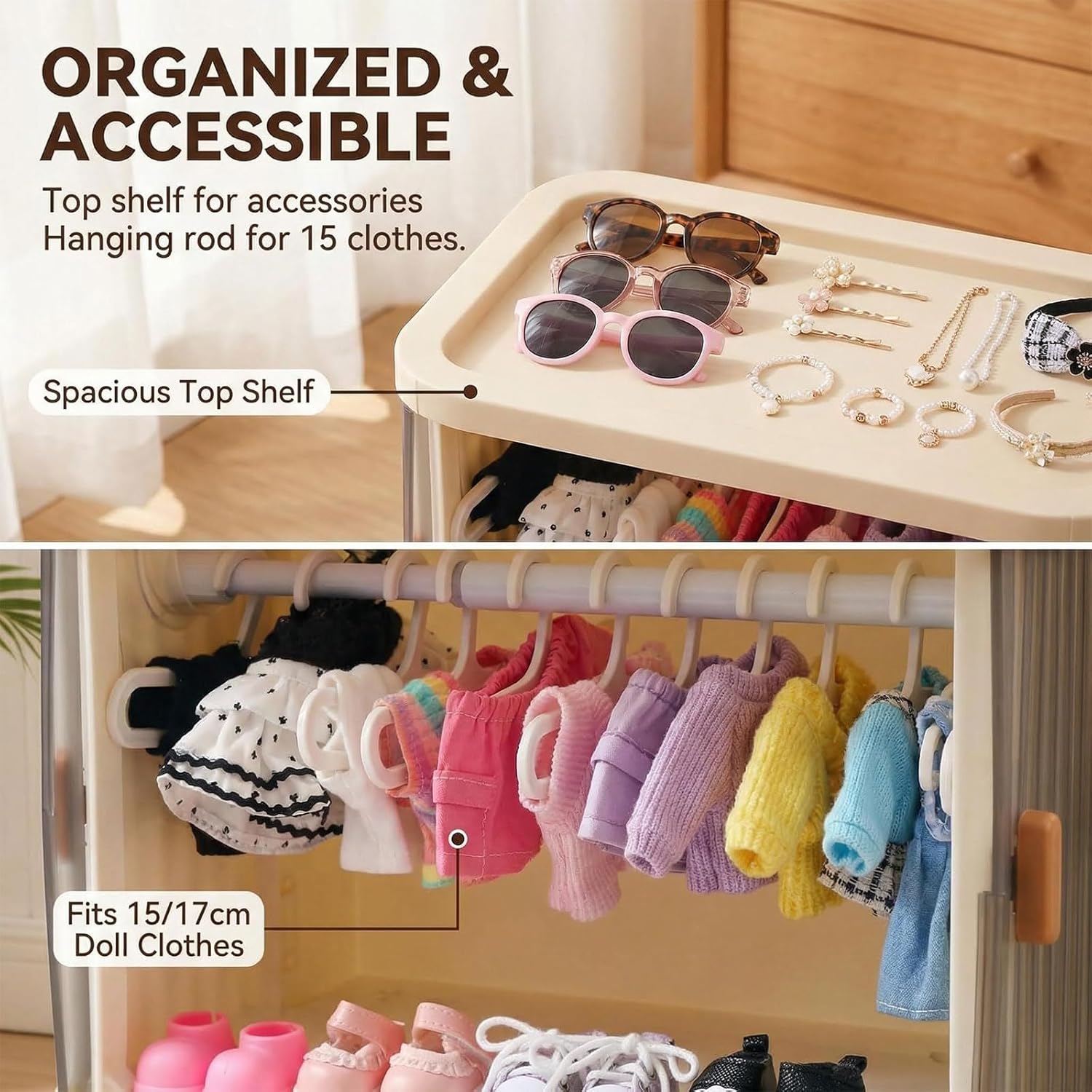 Doll Wardrobe Storage Box, Foldable Doll Closet Equipped with 15 Hangers, Two Pairs of Glasses, one Earphone, and a Pole for 15/17cm Doll Clothes Stackable Organizer Cabinet with Dust-Resistant Cover