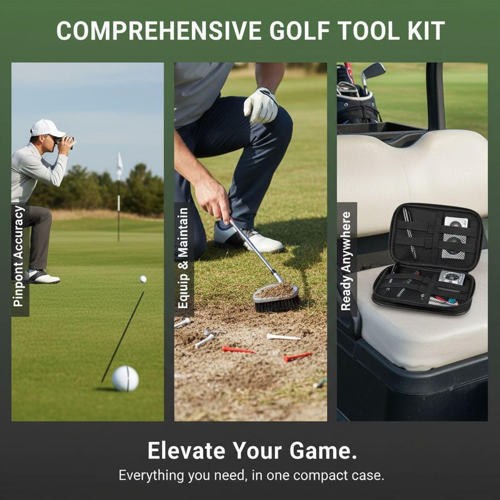 Golf Tool Kit, Schwarz PVC Case Golfzubehör für Männer, Inklusive 8 Tees, Entfernungsmesser, Stift, Ball-Linienmarker, Messer, Punktezähler, Clip, Bürste, 36 x 23 cm Reisetasche für Golfer