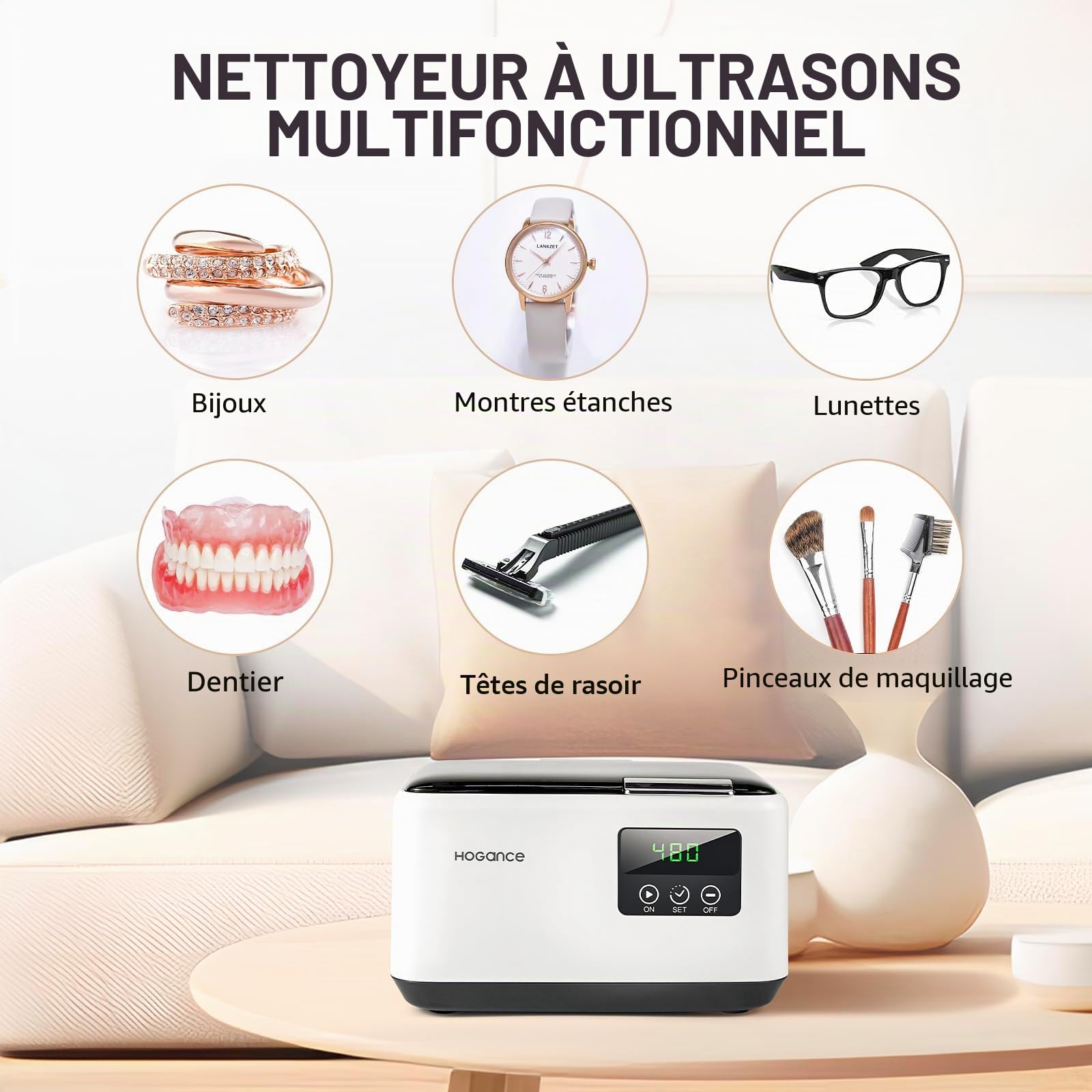 Nettoyeur à Ultrasons 50W, Hogance 48KHz Nettoyeur Ultrasonique 600ML avec 4 Timer Réglages, Machine à Ultrasons pour Prothèses Dentaires, Bagues, Montre, Pièces de Monnaie, Rasoirs