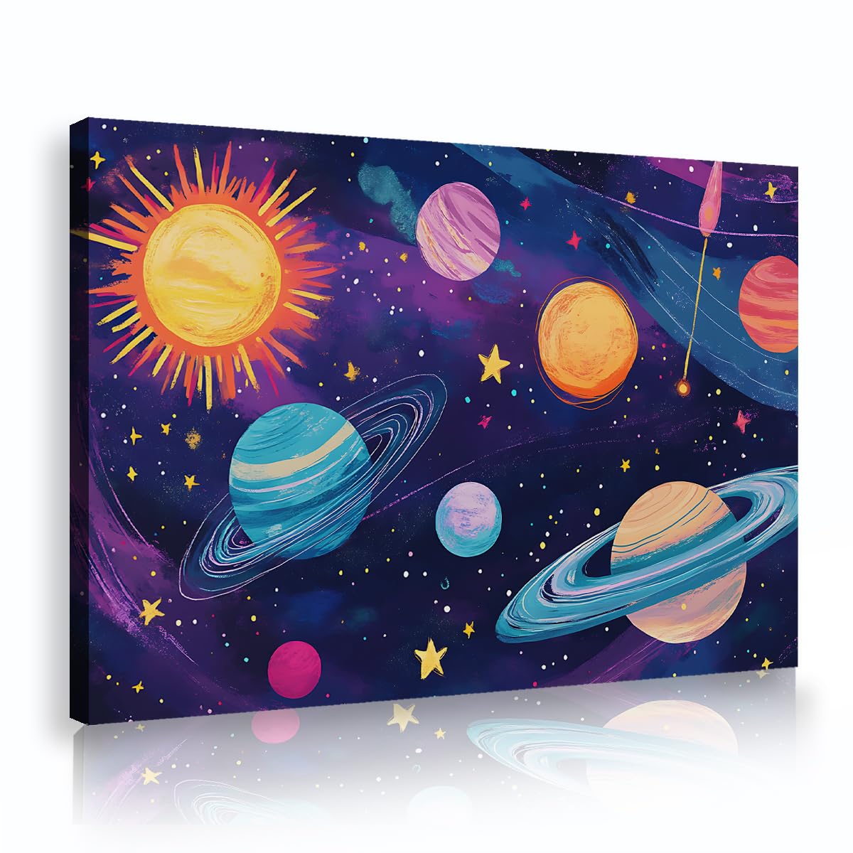 Via Vela Solar System Framed Art Prints Galaxy Planet Sun Saturn Picture Whimsical Outer Space Poster Canvas Artwork For Kids Boys Bedroom Playroom Nursery 20x30cm