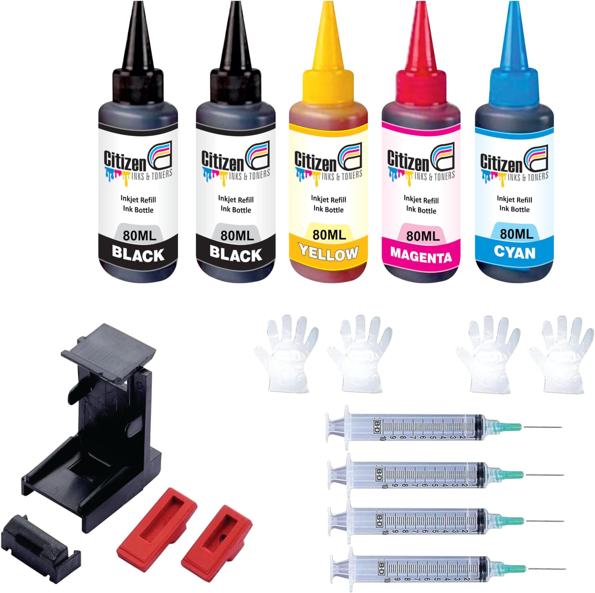 Refill Kit with Suction Tool Combo Pack of High Yield Inkjet Cartridge Ink Refill Compatible for HP and Canon Cartridge Printers - 80ml Per Bottle (5 Ink Bottle Full Set)