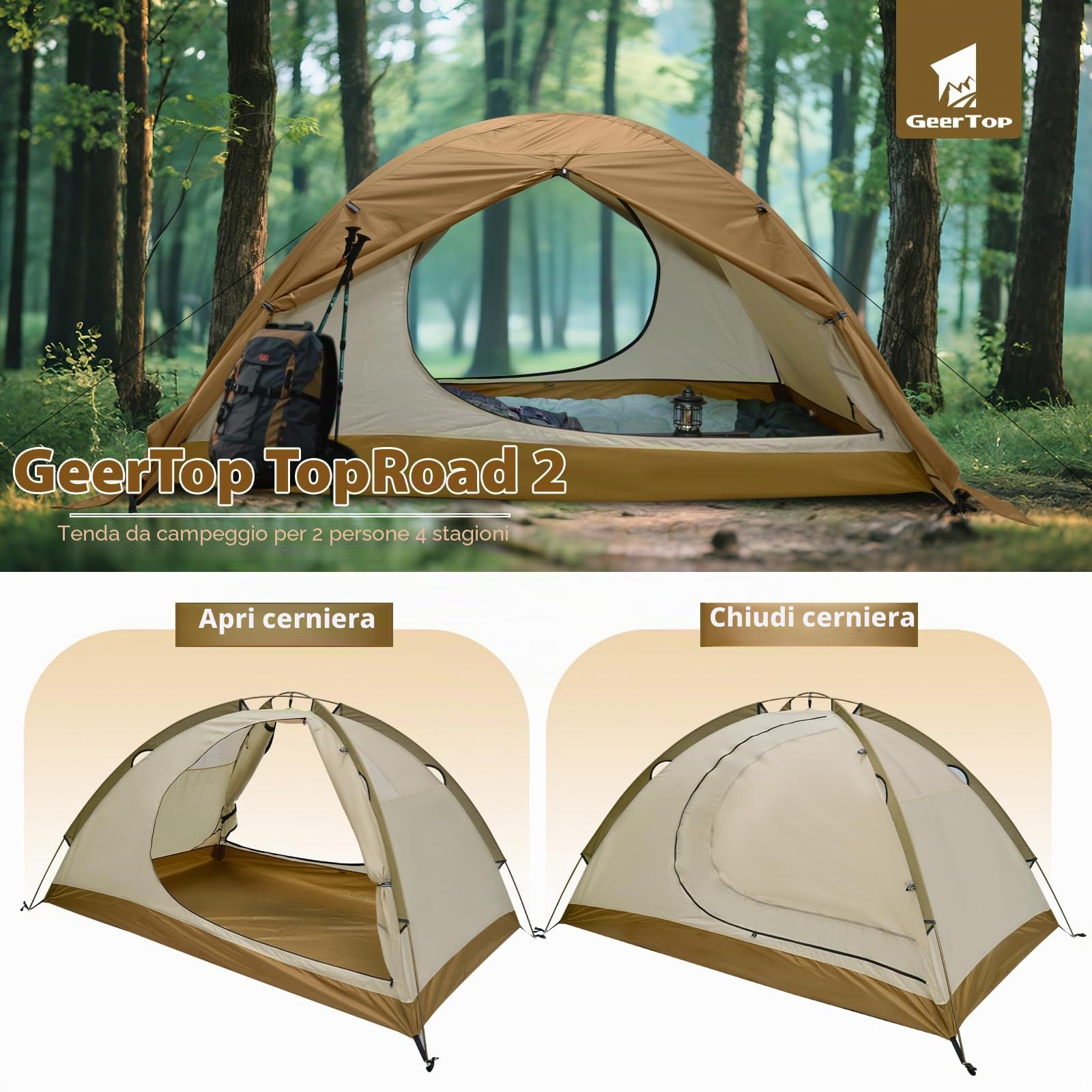 GEERTOP Tenda a cupola, da campeggio, per famiglia, da trekking, in alluminio, impermeabile, per due persone, 4 stagioni, ideale per campeggio, escursioni, viaggi e arrampicata
