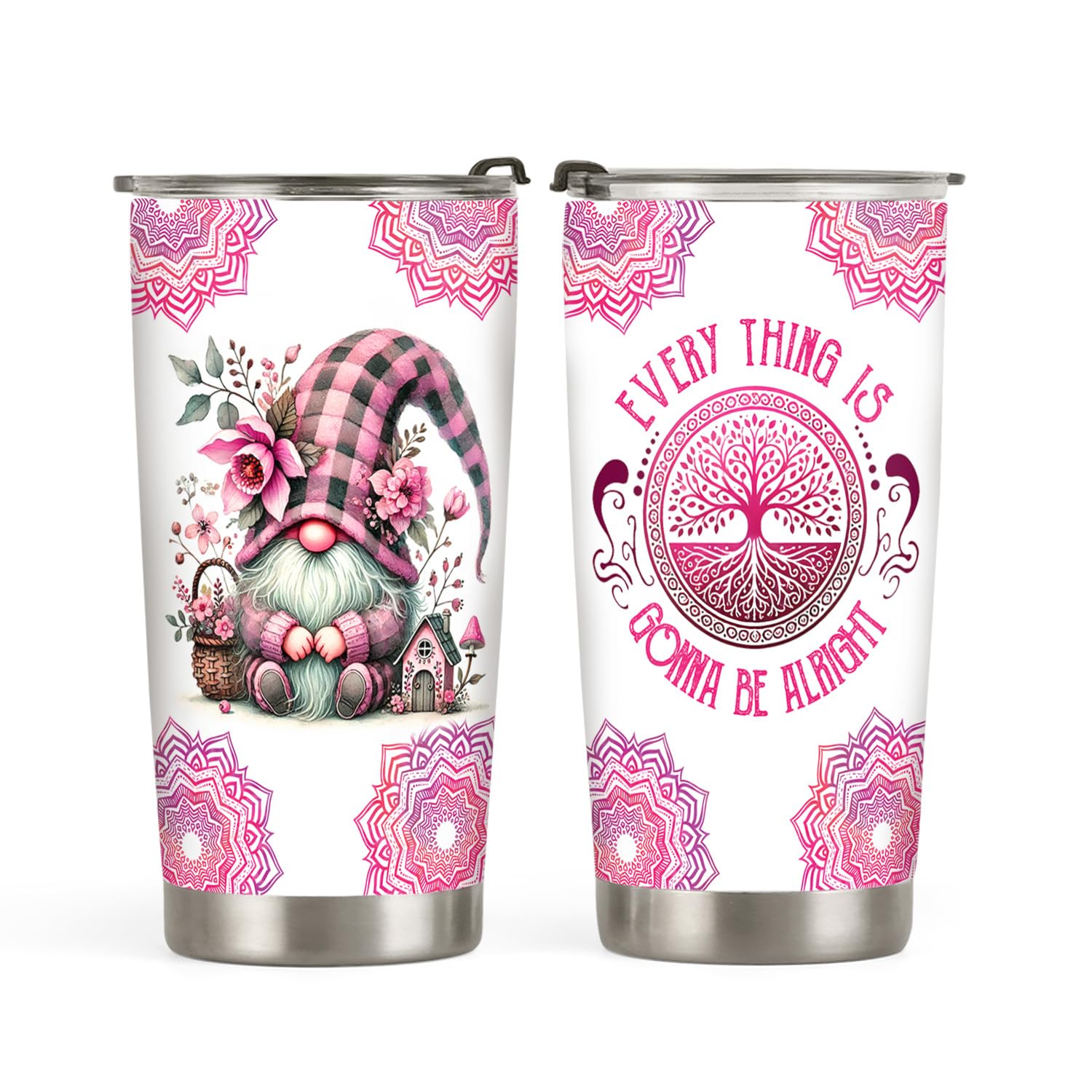 Pink Mandala Gnome Tumbler 20oz, Hippie Peace and Love Gnome, Gifts for Gnome Lovers, Hippie Mandala Gnome Tumbler Cup, Stainless Steel Double Wall Vacuum Insulated Travel Coffee Mug with Lid - D
