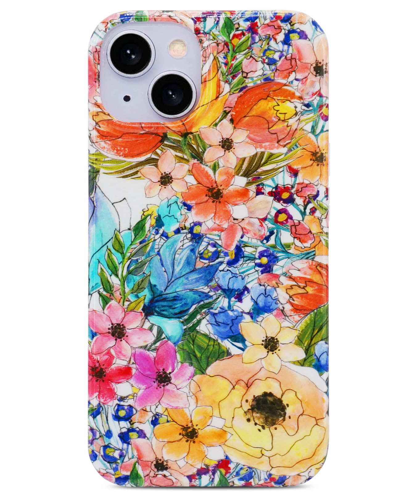 J west Compatible for iPhone 13 Case for Women Cute Floral Print Girly Design Kawaii Coral Watercolor Botanical
