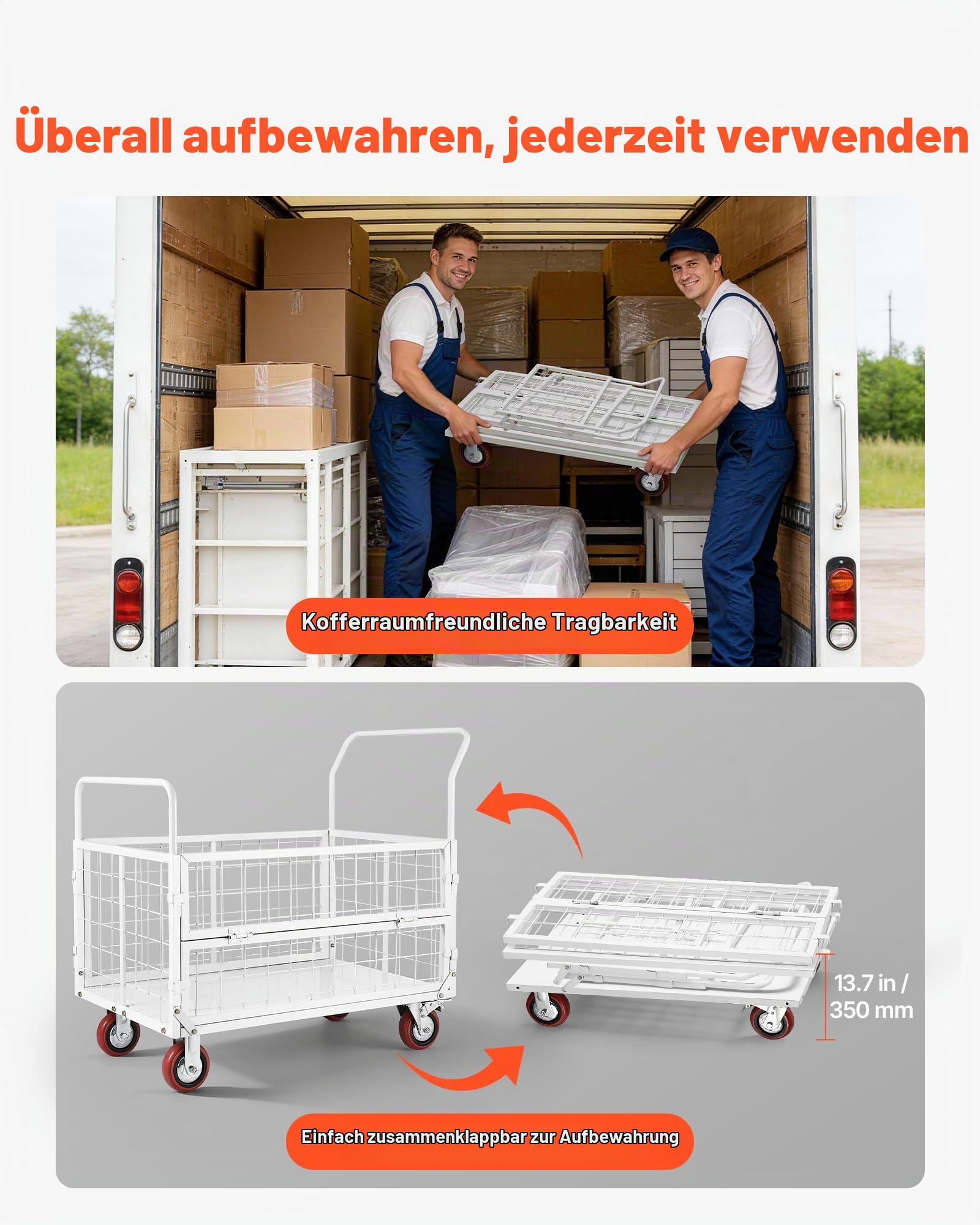 VEVOR Plattformwagen mit Gitterwänden 907 kg, 6-in-1 Faltbarer Transportwagen mit Schwenkrädern, Schwerlast-Handwagen, Multifunktionaler Materialwagen, für Lebensmittel, Wäsche, 1130x675x1070 mm
