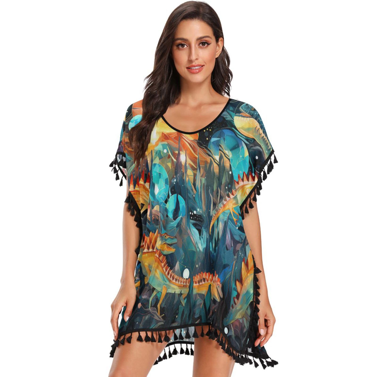 Colorful Art Dinosaurs Women's Beach Cover Up Chiffon Tassel Swimwear Swimsuit Coverups for Girl