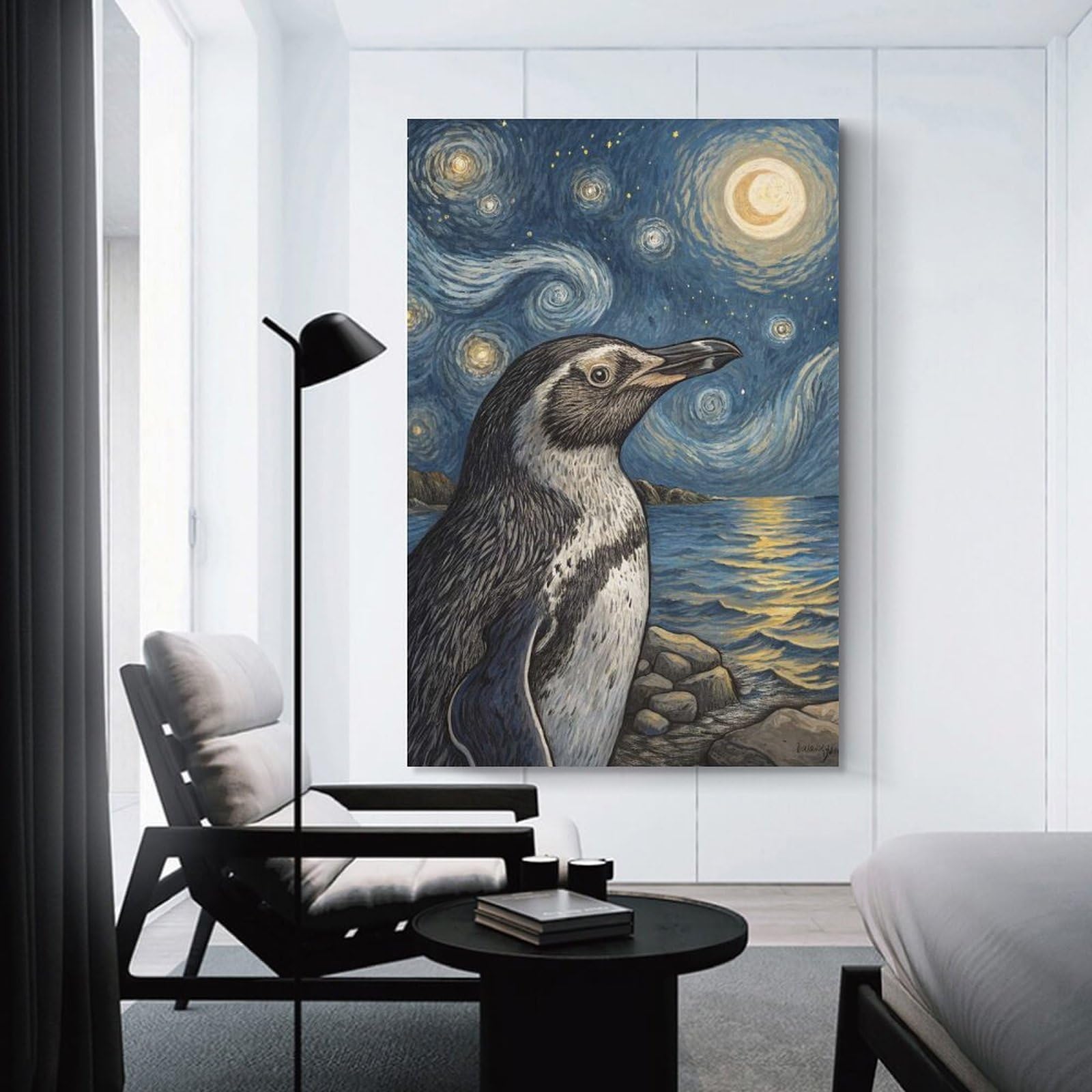 Junmoney Unframe-Style-6-1 Penguin Under Starry Night Sky Decorative Wall Artwork, 16X24inch(40X60cm), For Work Areas, Reading Rooms Or Studios, Wall Art That Adds Style To Work Areas