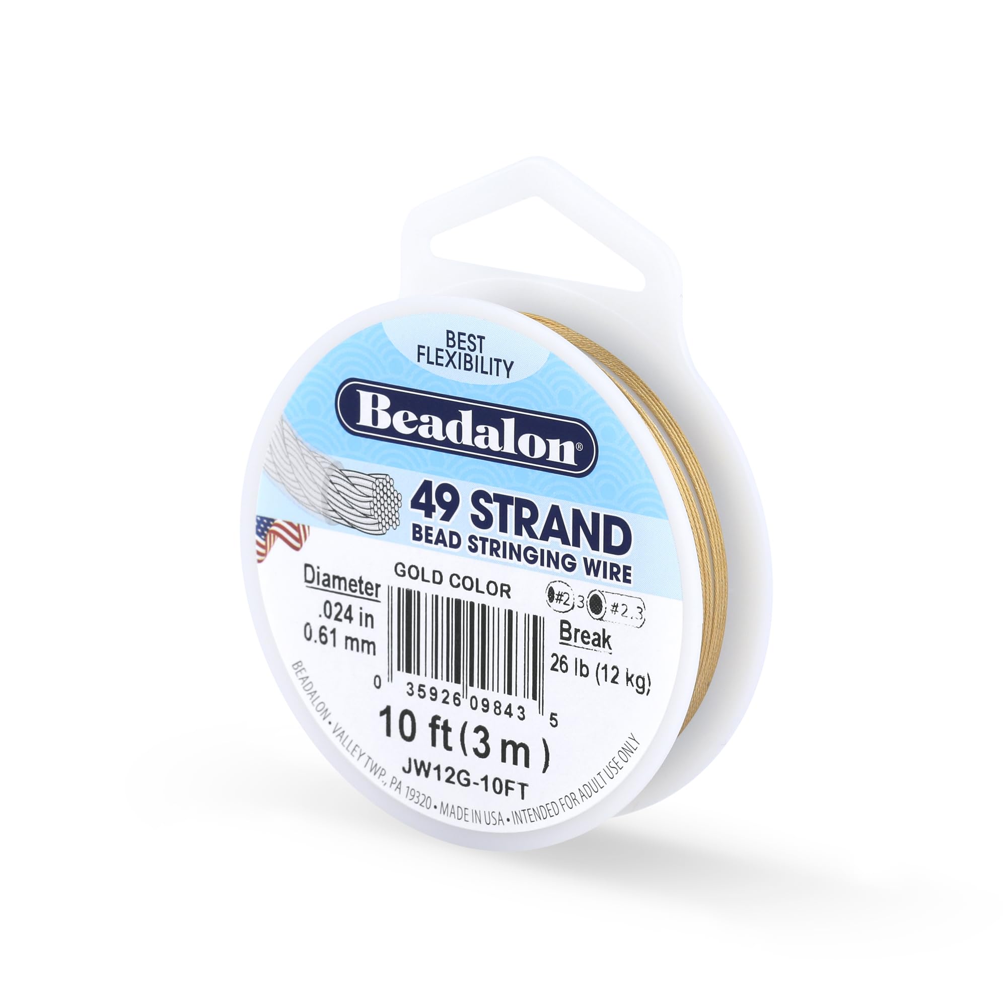 Beadalon 0.61 mm Diameter 10 ft Reel 49 Strand Wire, Gold