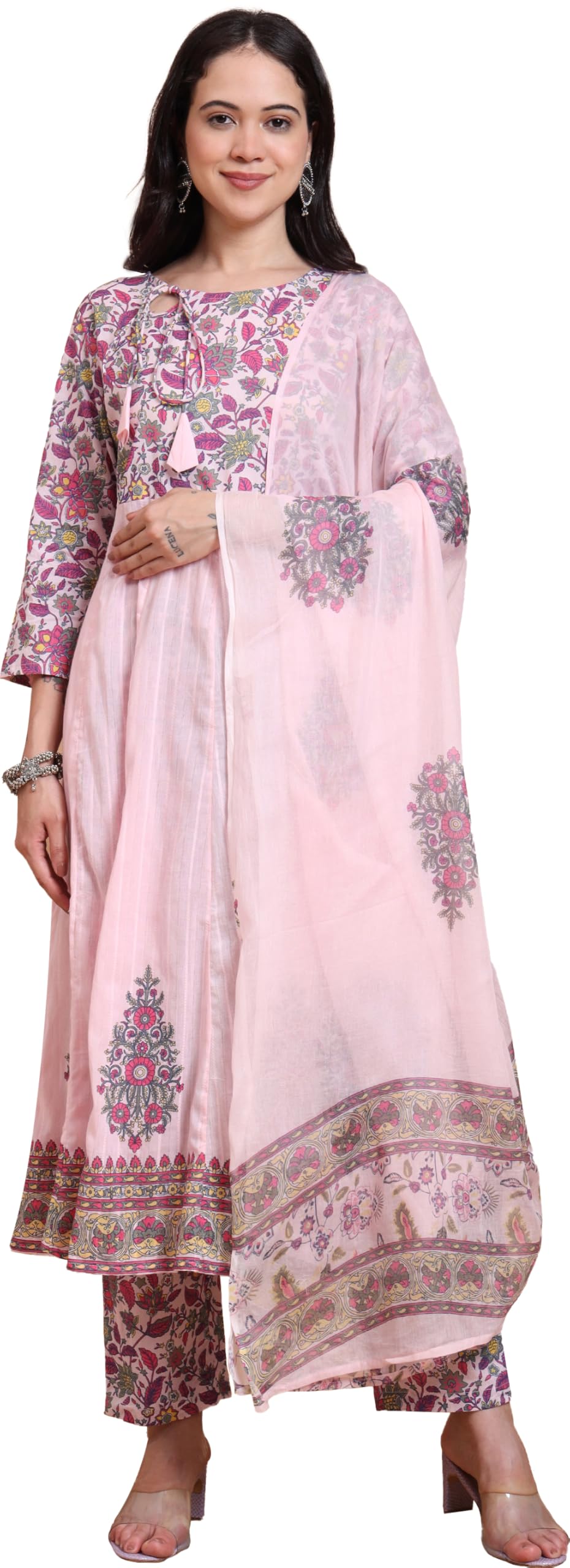 Yash Gallery Women Cotton Regular Fit Green Dobby Calf Length 3/4th Sleeve Printed Anarkali Kurta Set with Pant & Dupatta