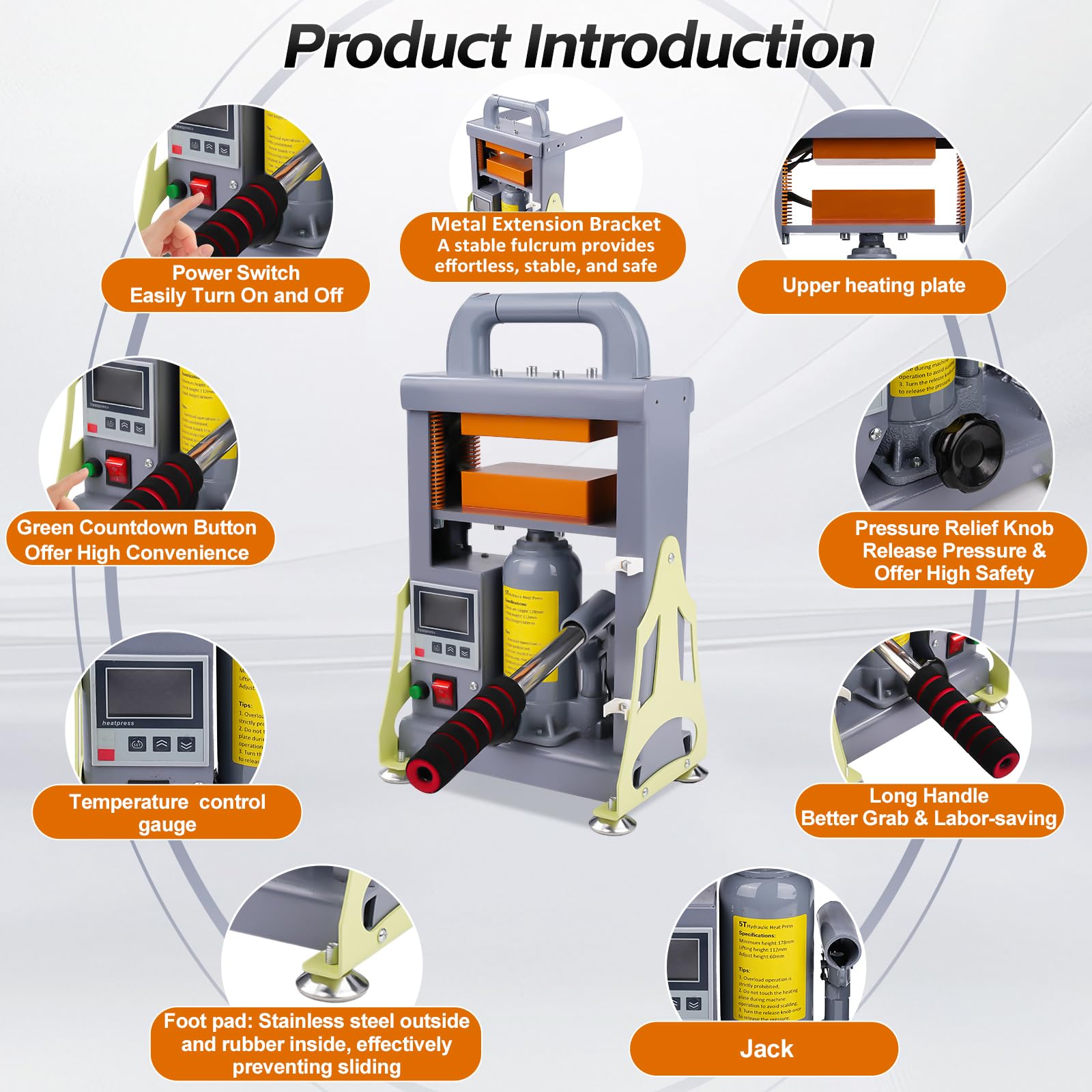 Rosin Presse 5T, 600W hydraulische Heißpresse, Doppelseitige Heizung Extraktionsmaschine für Kolophonium Trockenblumen Blumen Blütenpflanzenextrakte, Präziser Controller