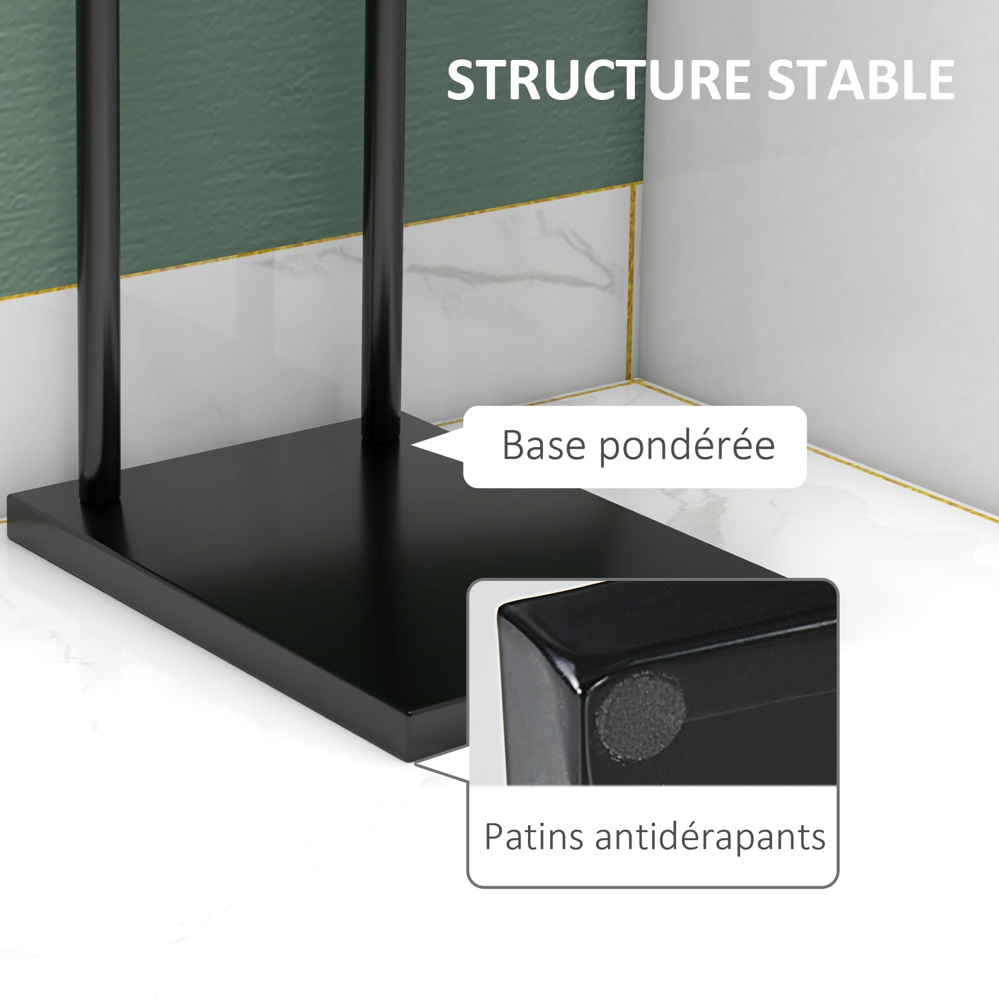 HOMCOM Porte-Serviettes sur Pied en Acier sèche Serviette sur Pieds avec 2 Barres Support pour Serviette 35,5l x 20P x 78H cm - Noir