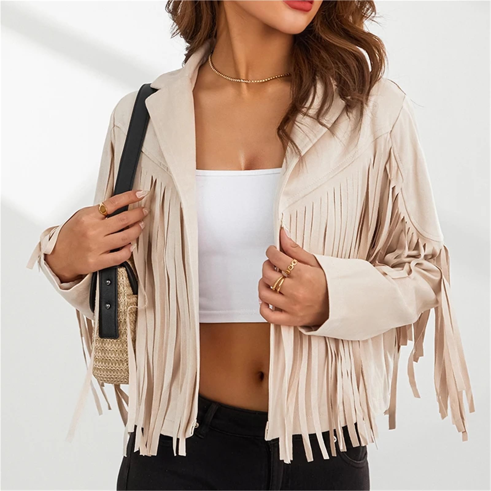Top con Frange Cappotto da Donna Primavera Autunno Slim Manica Lunga Aperto Davanti Giacca Tinta Unita con Colletto e Nappe per Le Donne(Pink,XL)