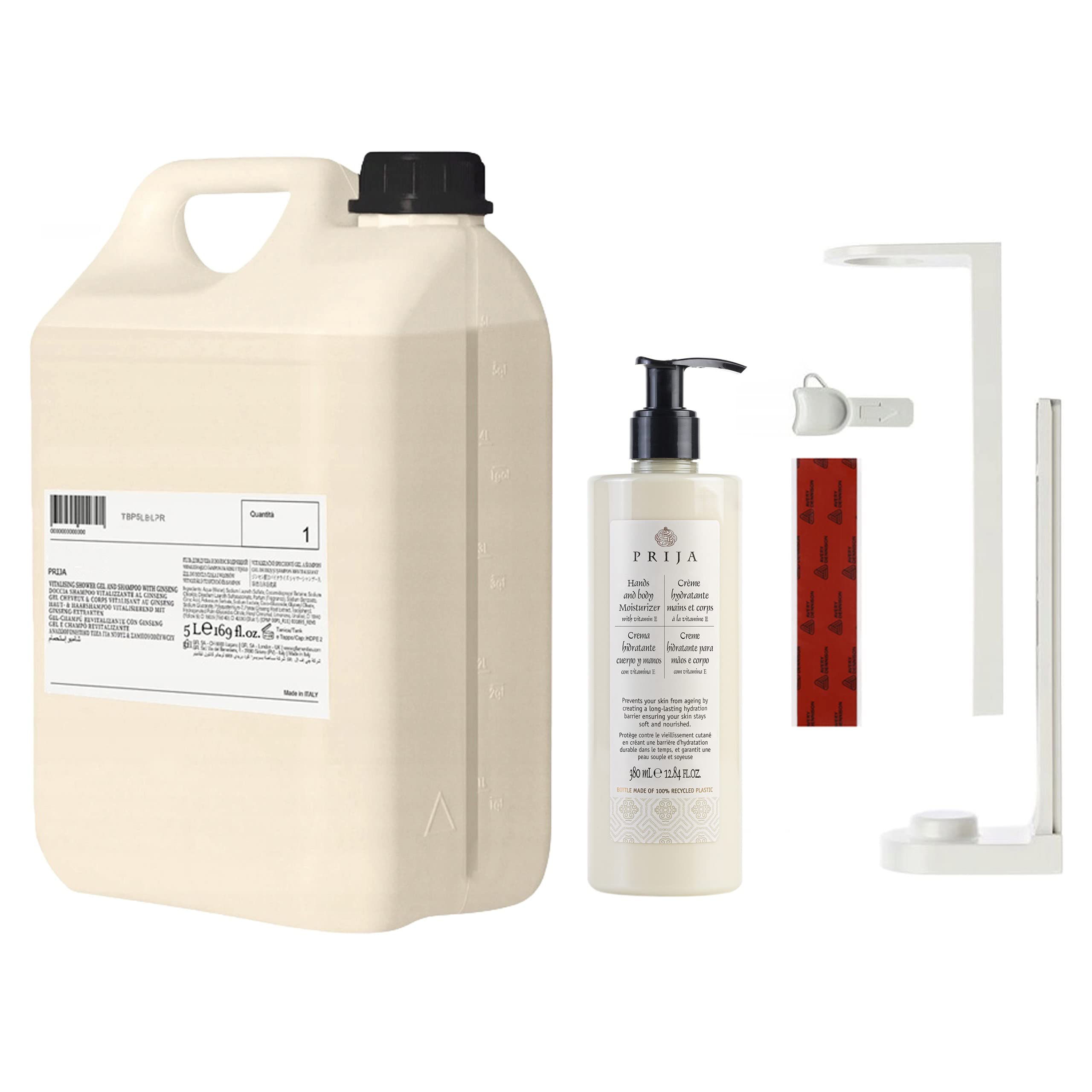PRIJA Badezimmer-Set: weißer Flaschenhalter, 380ml Feuchtigkeitscreme + 5l Vorrat (set 5.)