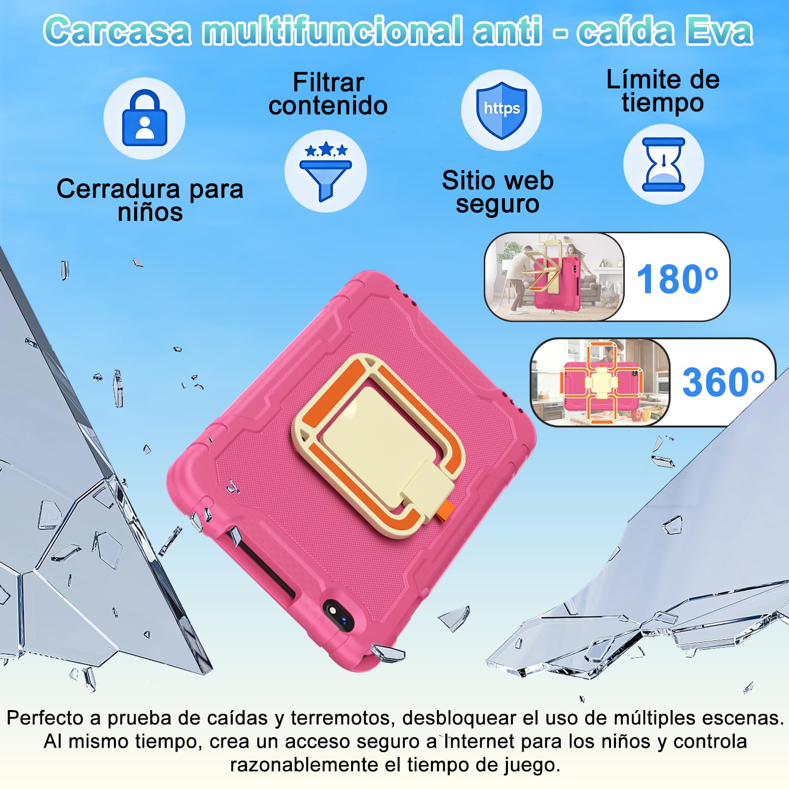 Tablet niños 10 Pulgadas Android 15 con Gemini AI 30 + 128GB (TF 2TB), Octa-Core, GPS, WiFi 6, Widevine L1, 8000mAh, Control Parental, Protective Antichoque Eva + Soporte giratorio de 360° -Rosa