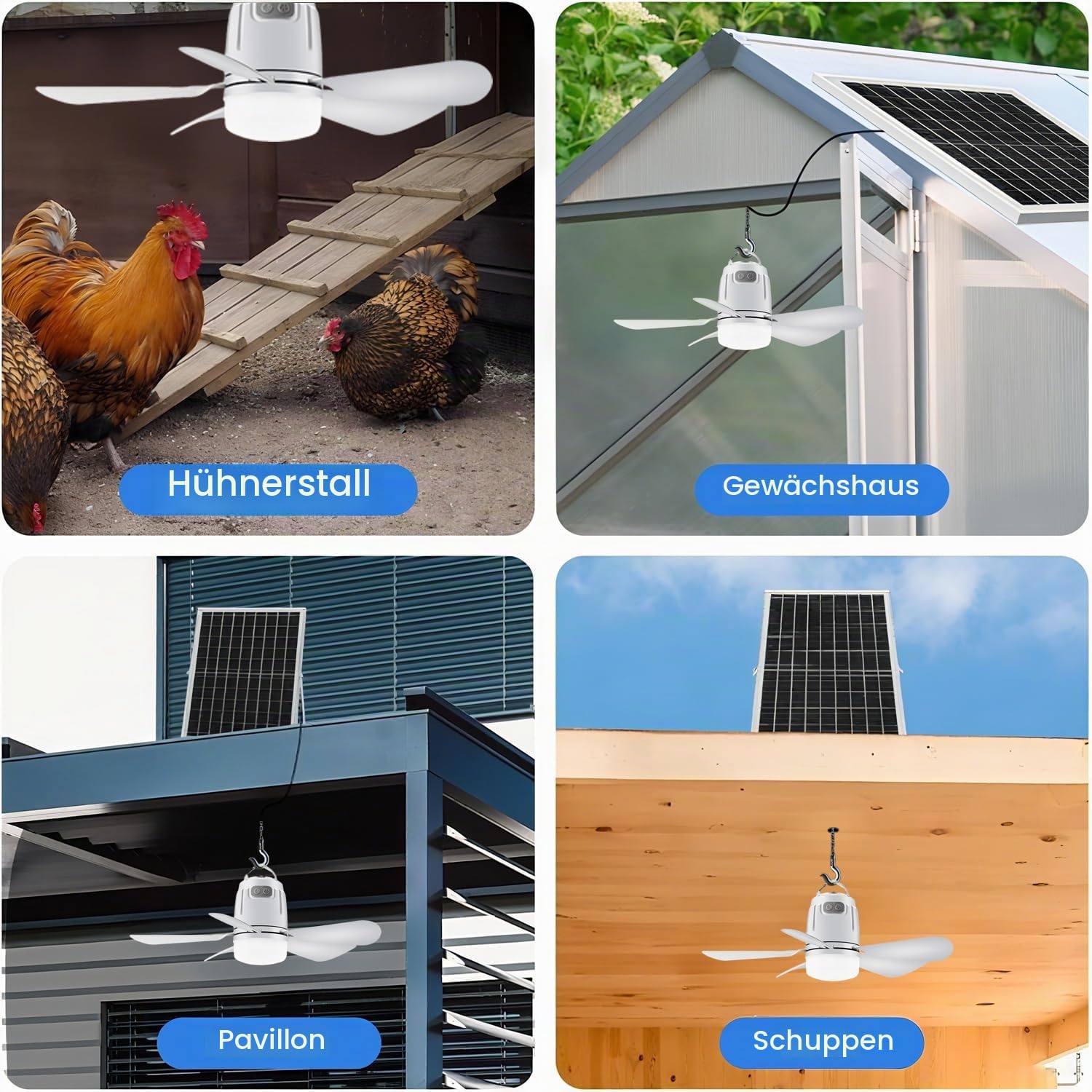Solar Deckenventilator mit Beleuchtung Akku 20000mAh Ventilator mit Deckenleuchte LED Dimmbar Ventilatorlicht mit Fernbedienung Aufhängehaken Fan Deckenlampe für Terrasse Balkon Schirm Garten Outdoor