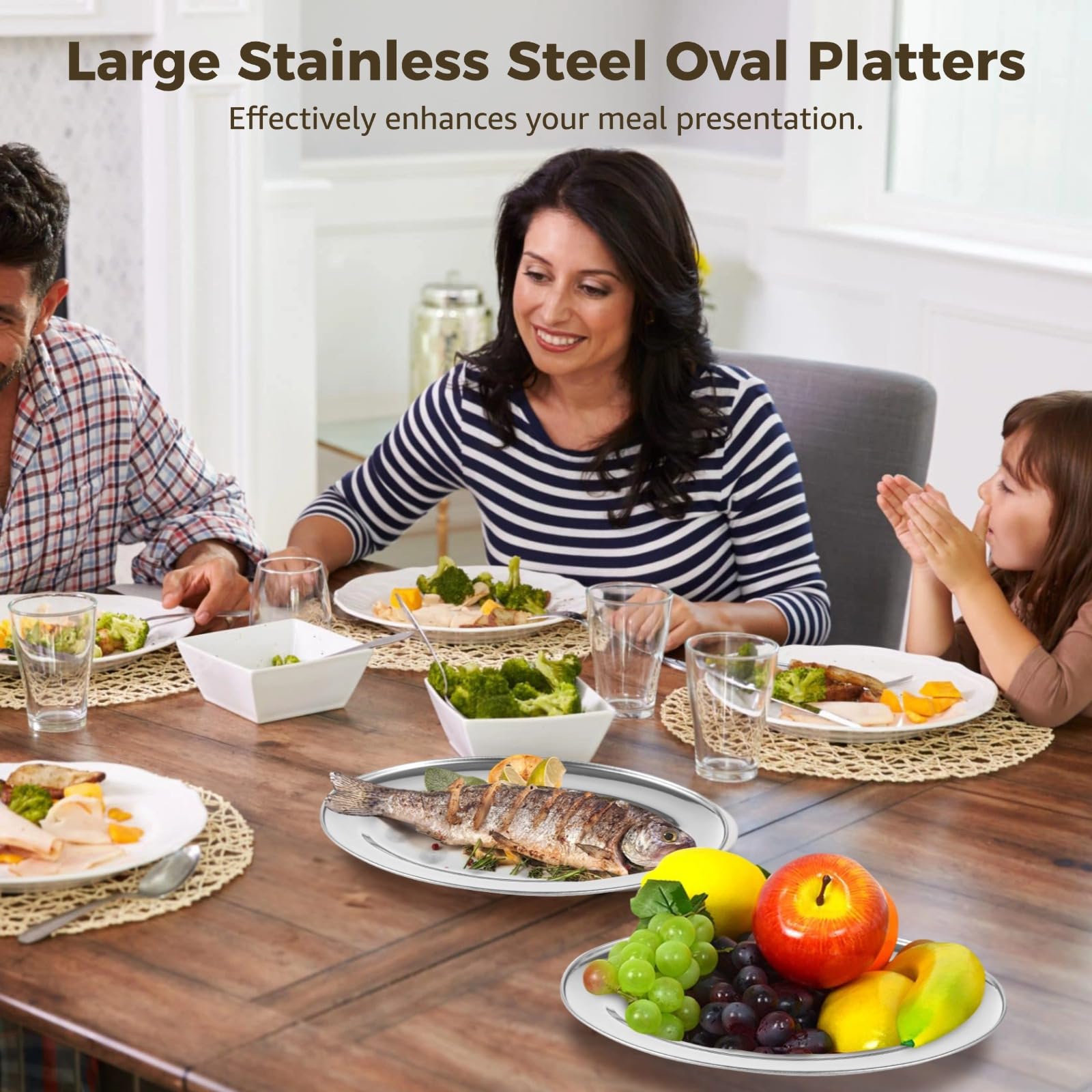 6 Stk. Servierplatten oval aus Edelstahl, 33,5 cm große Fischplatten, bruchsichere Metallteller, elegante längliche Küchentabletts für gedämpften Fisch, rostfreie Speiseteller für Buffet und Küche