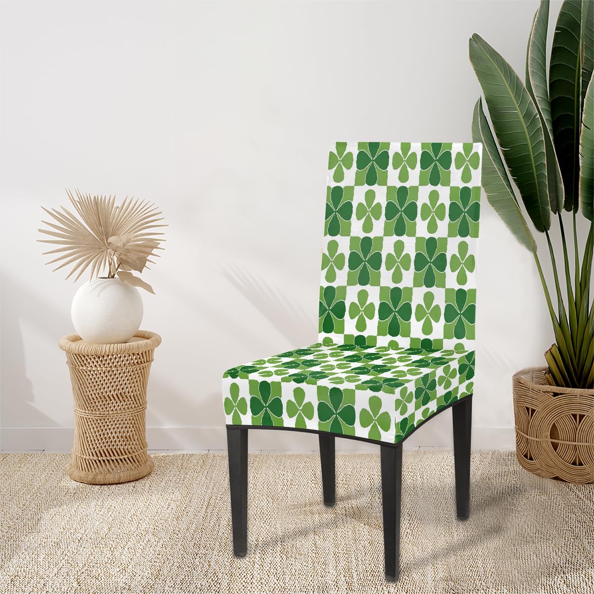 Mexpekil Set di 6 coprisedie lavabili per sedie da pranzo, motivo trifogli, colore verde e bianco, per cucina, matrimoni, feste