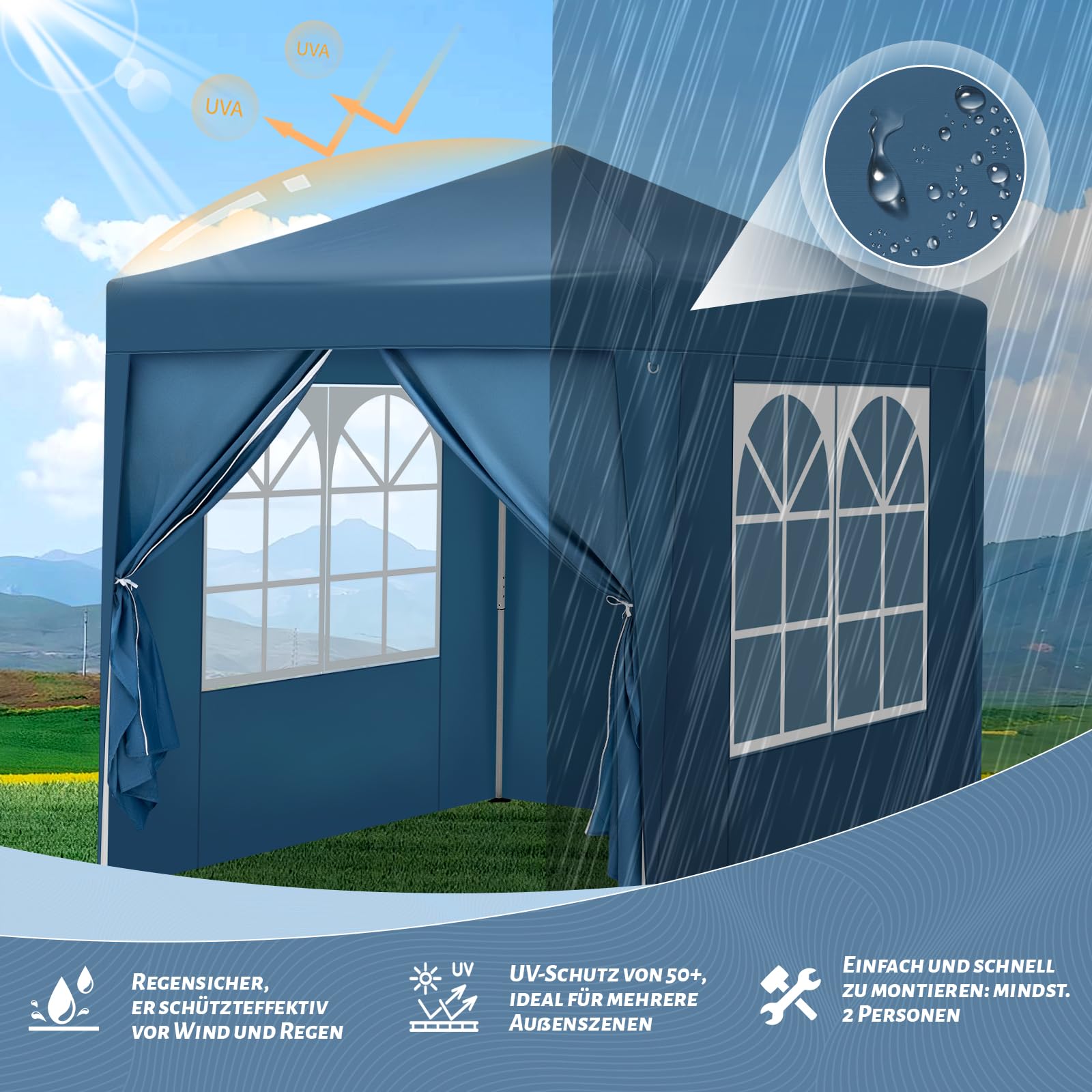 WOLTU Pavillon, Faltpavillon 2x2 m, mit 4 Seitenwänden, Partyzelt wasserabweisend UV-Schutz 50+, höhenverstellbarer Gartenpavillon, mit Tragetasche, für Outdoor Garten Camping, Blau