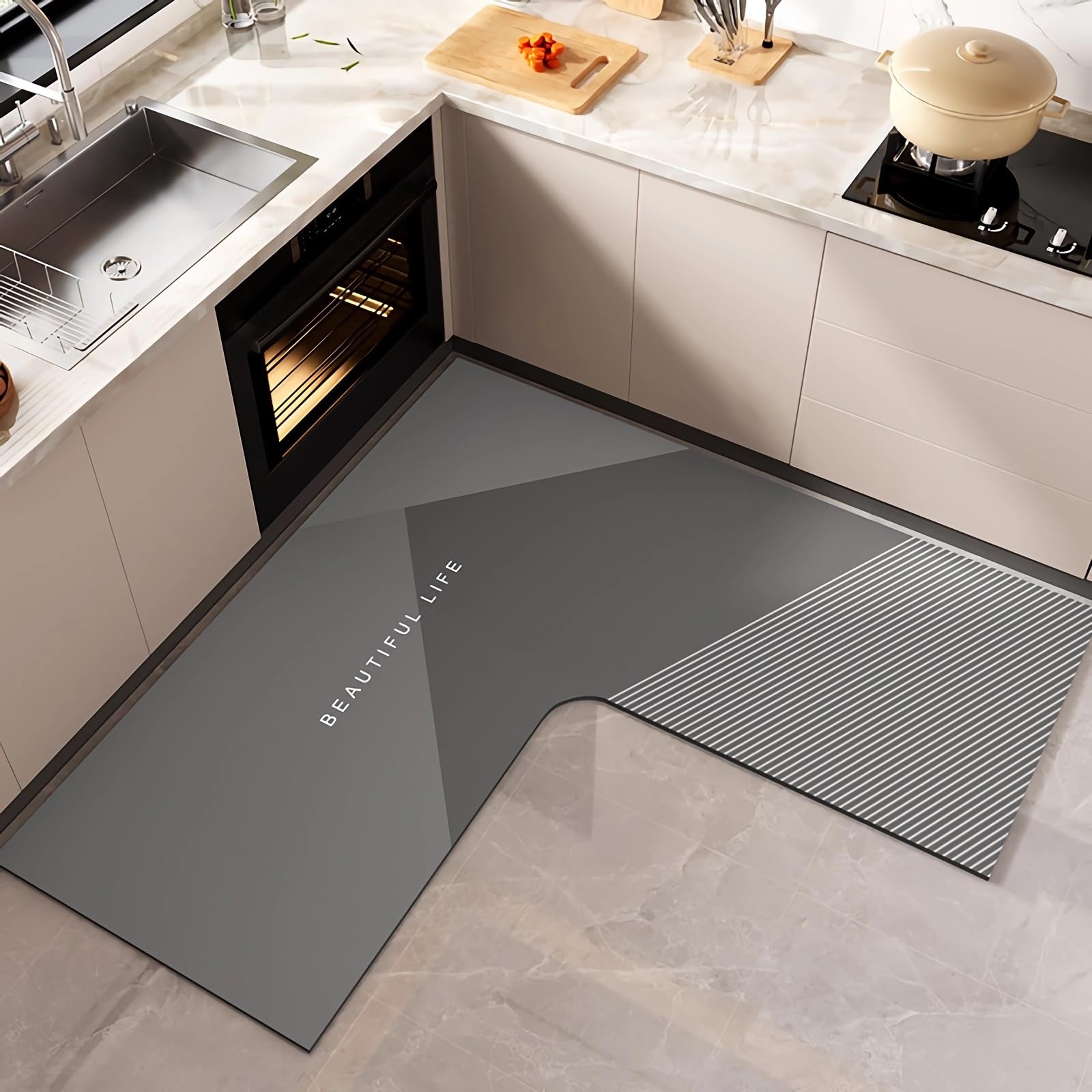 SXYAO Tapis De Bain Antidérapant En Forme De L En Terre De Diatomée Pour Cuisine Direction Gauche Ou Droite, Absorbant, Séchage Rapide, Résistant à L'huile, Doux, Lavable (droit, 100 X 150 X