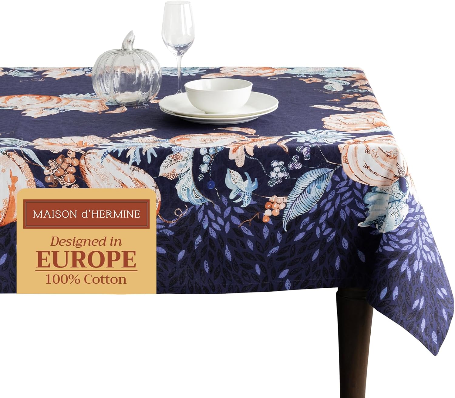 Maison d' Hermine Table Cloth Square Table 100% Cotton 54 x 54 Inches Tablecloth Reusable Decorative Everyday Use for Dining Room, Farmhouse, Home, Party, Festive & Wedding - Pumpkin Blues