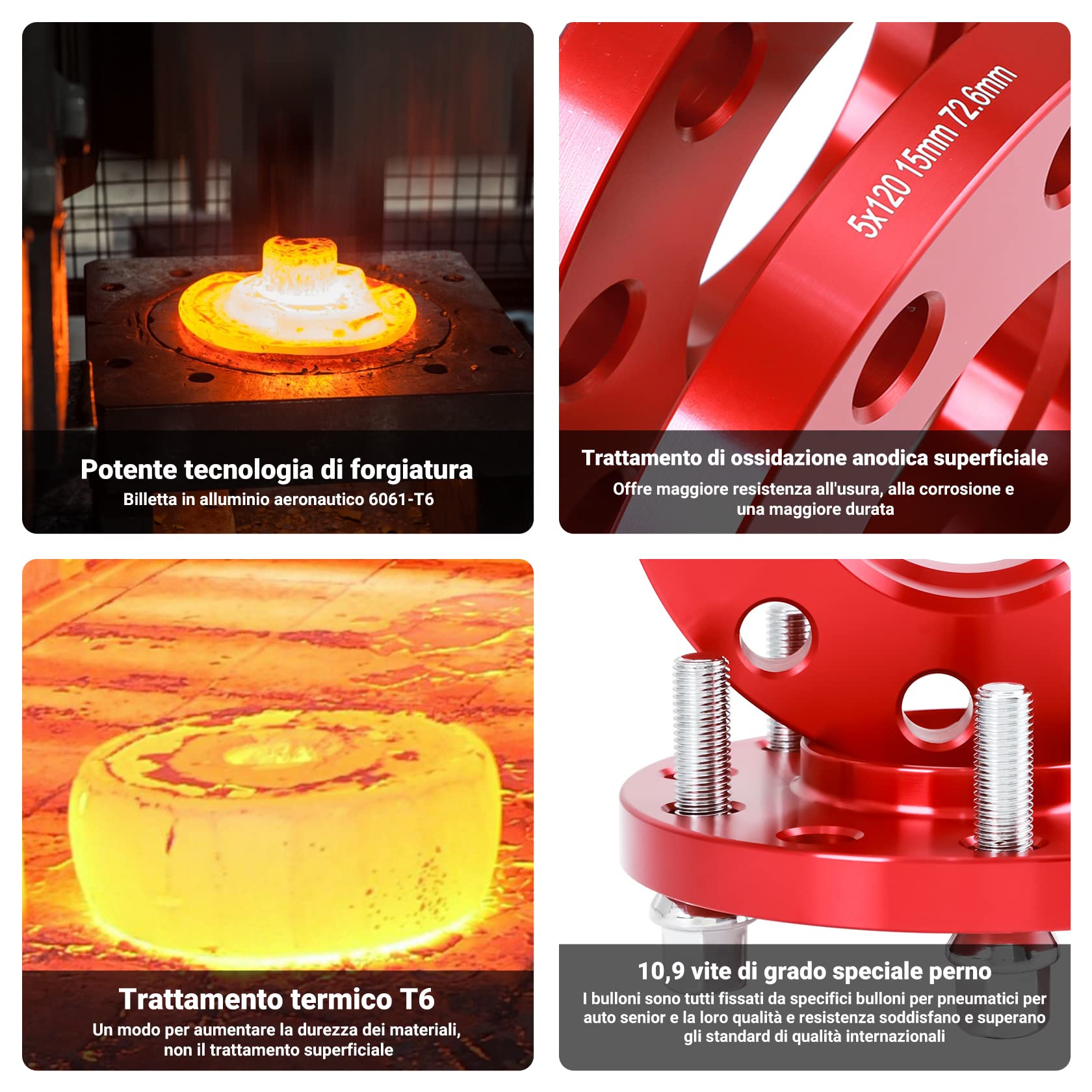 CarBole Distanziali ruote 5x120mm & 15mm con bullone:M12x1.5 | NLB: 72,56 mm, Compatibile con BMW ecc. (2 Pezzi | Rosso | Numero di Fori 10)