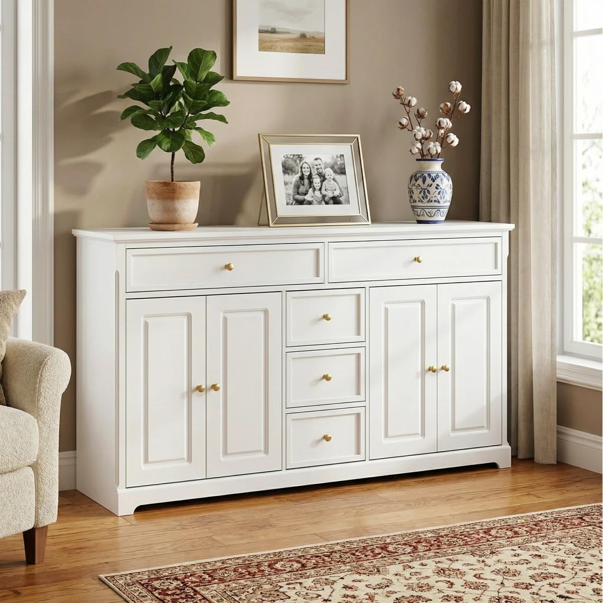 Solid Wood 4-Door 5-Drawer Sideboard Buffet Cabinet with Adjustable Shelves for Living Room, Dining Room & Kitchen Storage | Premium Solid Wood | |(White Finish)-image-20