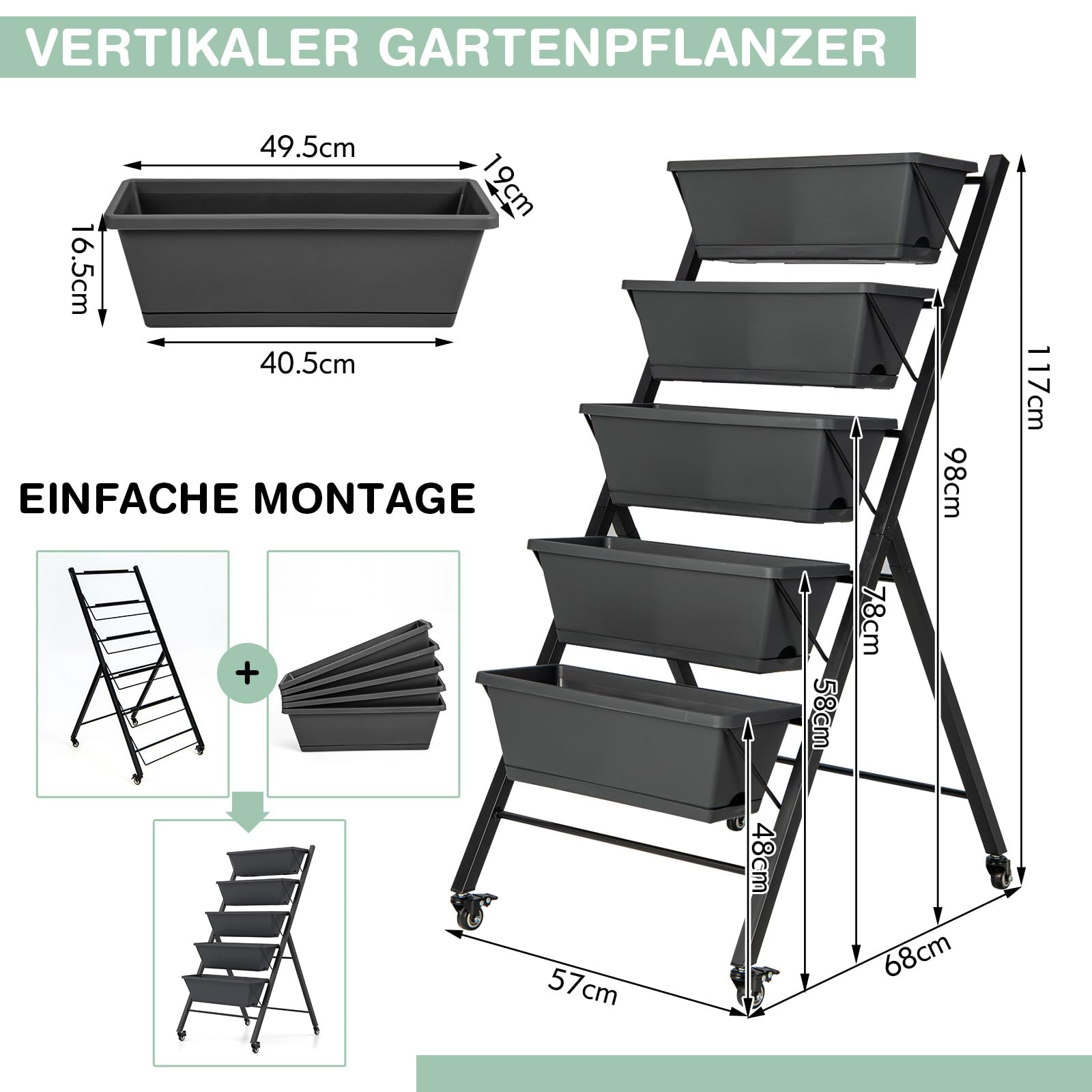RELAX4LIFE Vertikalbeet mit 5 Blumenkästen, Vertikales Hochbeet mit 5 Etagen, Kräuterbeet mit Feststellbaren Rädern & Metallrahmen, Mobile Pflanztreppe für Balkon Garten (Schwarz, 68 x 57 x 117 cm)