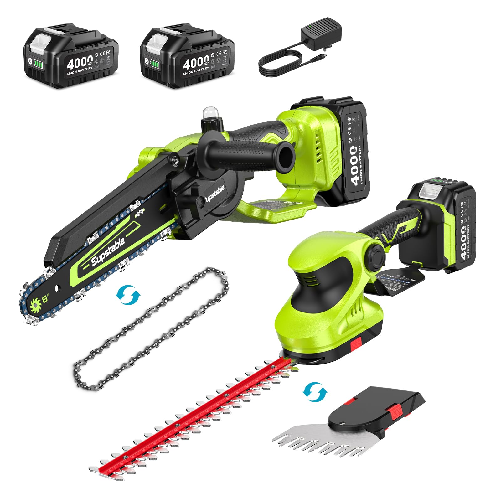 Supstable 3-in-1 Cordless Mini Chainsaw &amp; Hedge Trimmer Combo, 8 Inch Mini Chainsaw with Grass Shear, 800W Brushless Motor, 2×4000mAh Batteries, Garden Tool Set for Tree Trimming &amp; Lawn Care