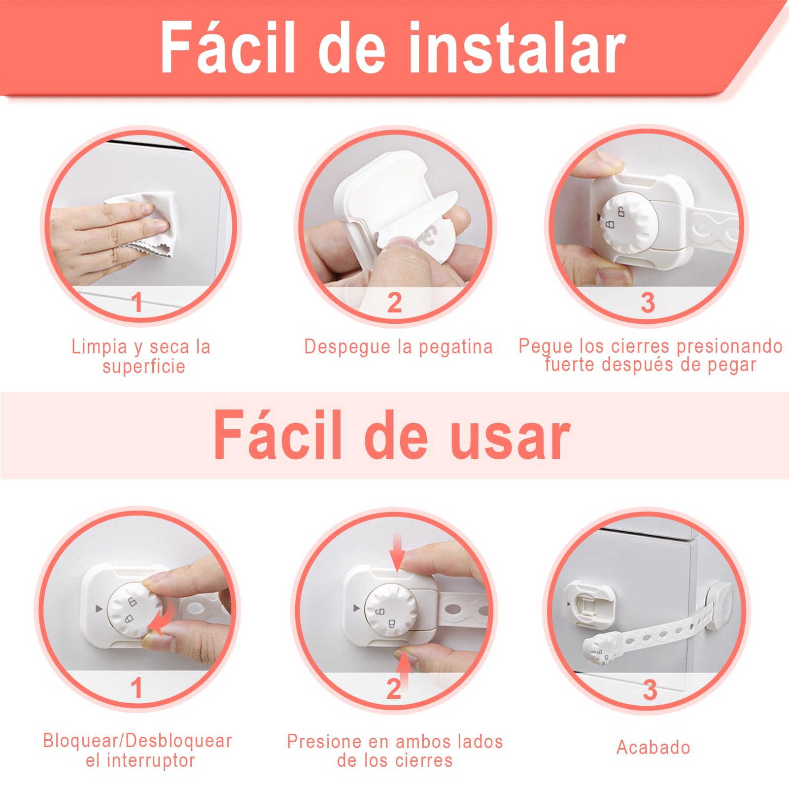 REDTRON Cerraduras de Seguridad para Niños, 6Pcs Bloqueo de Seguridad con Adhesivo de 3M, Cerraduras a Prueba de Bebé para Gabinetes, Cajones, Neveras(Blanco, No se necesita usar taladros)