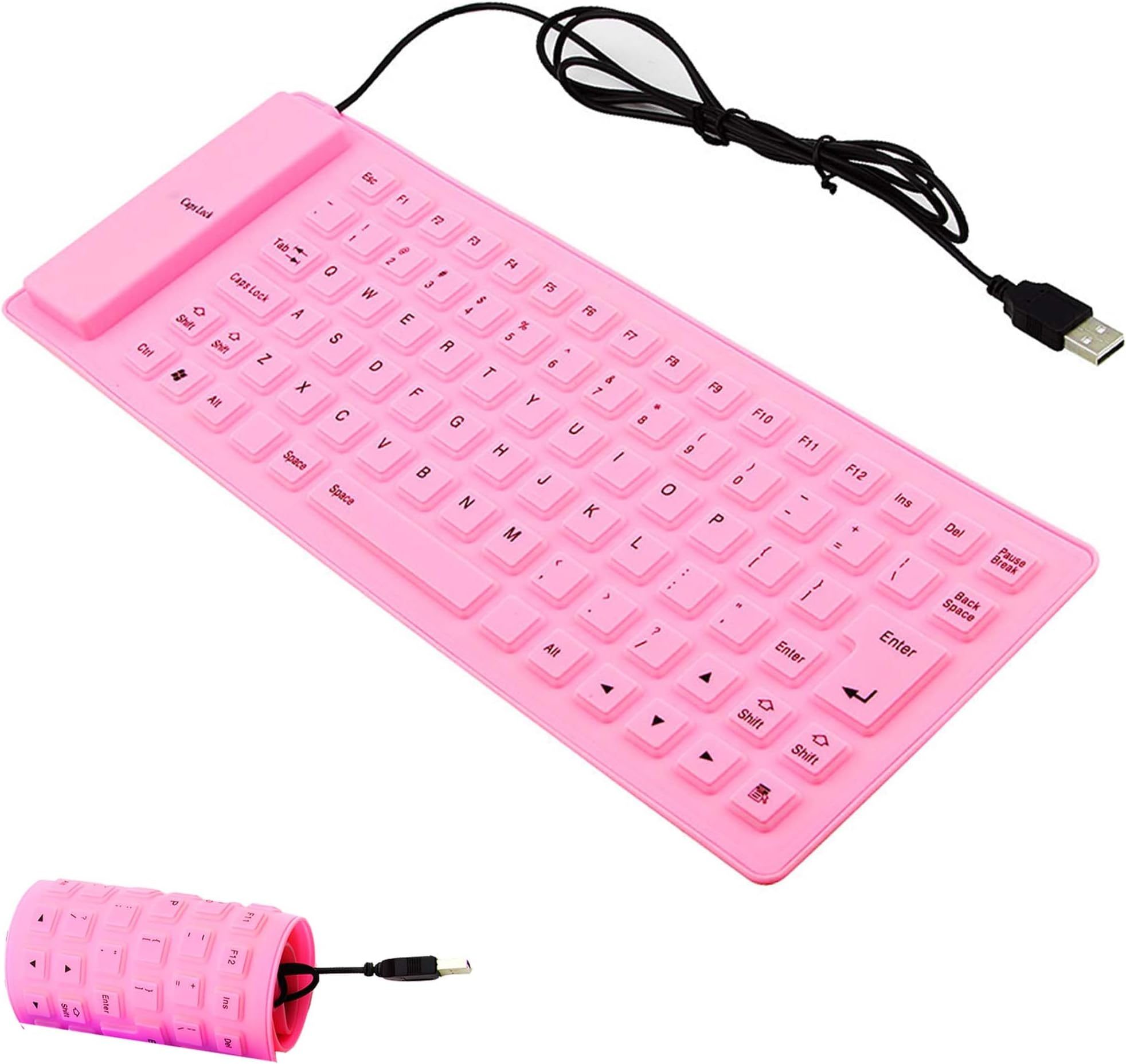 Generic Foldable Keyboard Silent Portable Silicone Wired Keyboard USB+PS2 Interface Convertible Waterproof and dustproof for Desktop Computers notebooks 85 Keys (Pink)
