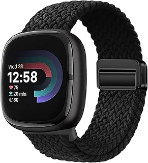 Braided Magnetic Bands Compatible with Fitbit Versa 4/Fitbit Versa 3/Sense 2/Sense 1,Soft Stretchy Elastic Nylon Sport Loop Strap for Women Men (Black)
