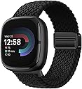 Braided Magnetic Bands Compatible with Fitbit Versa 4/Fitbit Versa 3/Sense 2/Sense 1,Soft Stretchy Elastic Nylon Sport Loop Strap for Women Men (Black)