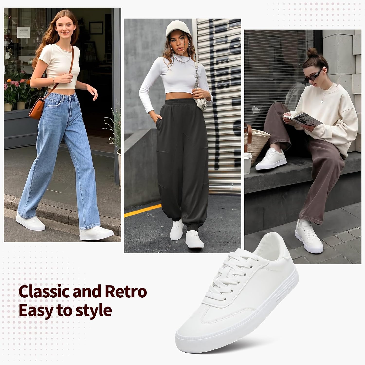 Rominz Women's White Tennis Shoes PU Leather Fashion Sneakers Low Top Casual Walking Shoes for Women