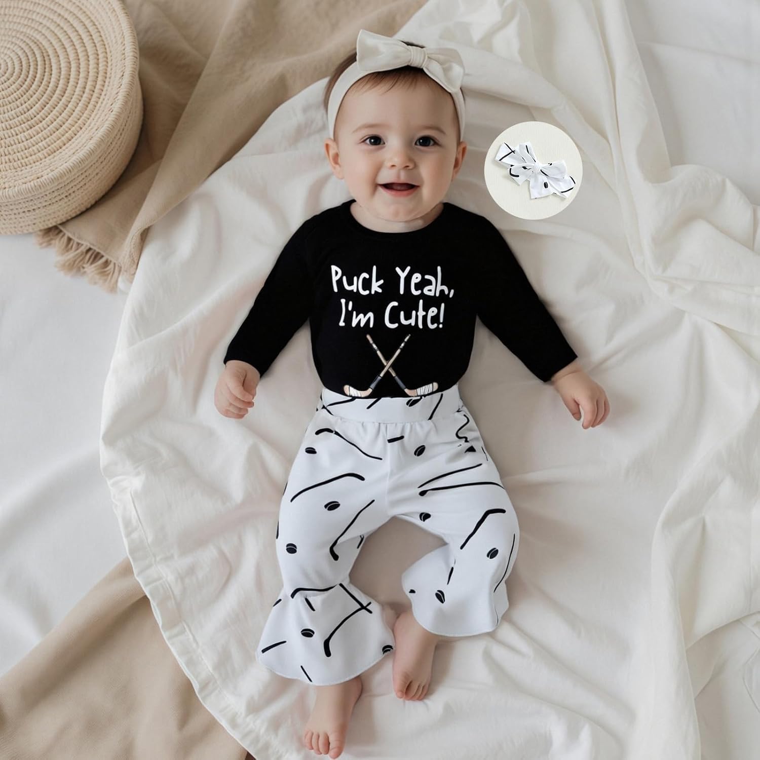 Baby Girl Fall Clothes Puck Cute Bodysuit Hockey Flare Pants Headband 3Pcs Bell Bottoms Set Newborn Going Home Outfit - Image 2